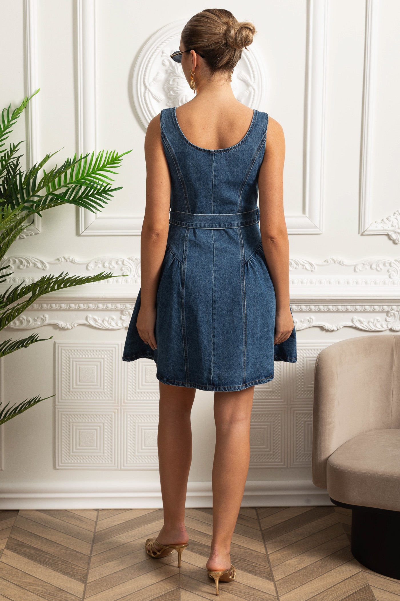Robe Mini en Denim à Boutons et Ceinture - Bleu