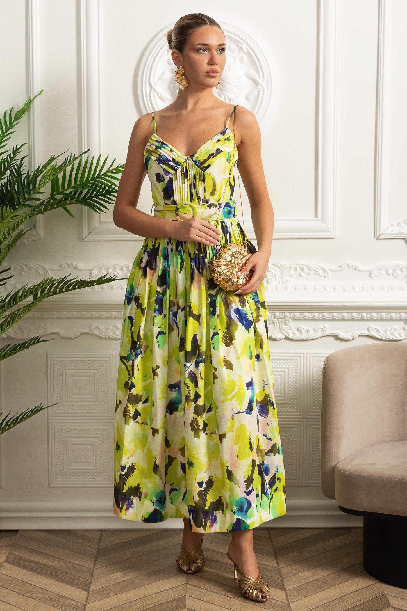 Robe midi plissée à bustier ceinturée avec bretelles spaghetti - Jaune