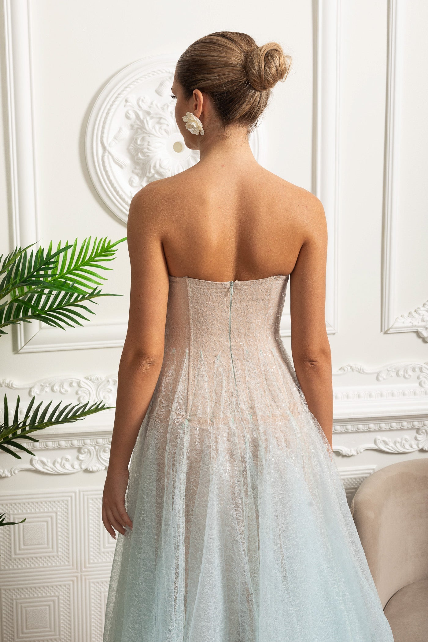 Robe midi bustier ligne A avec superposition texturée scintillante - Dégradé turquoise