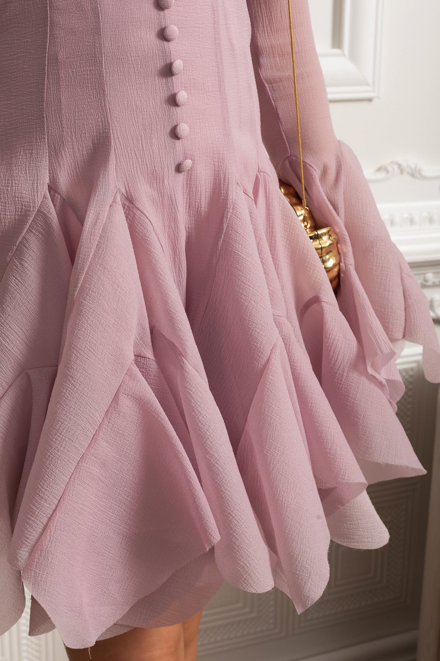 Sheer Sleeve Corset-Waist Ruffle Hem Mini Dress - Pink