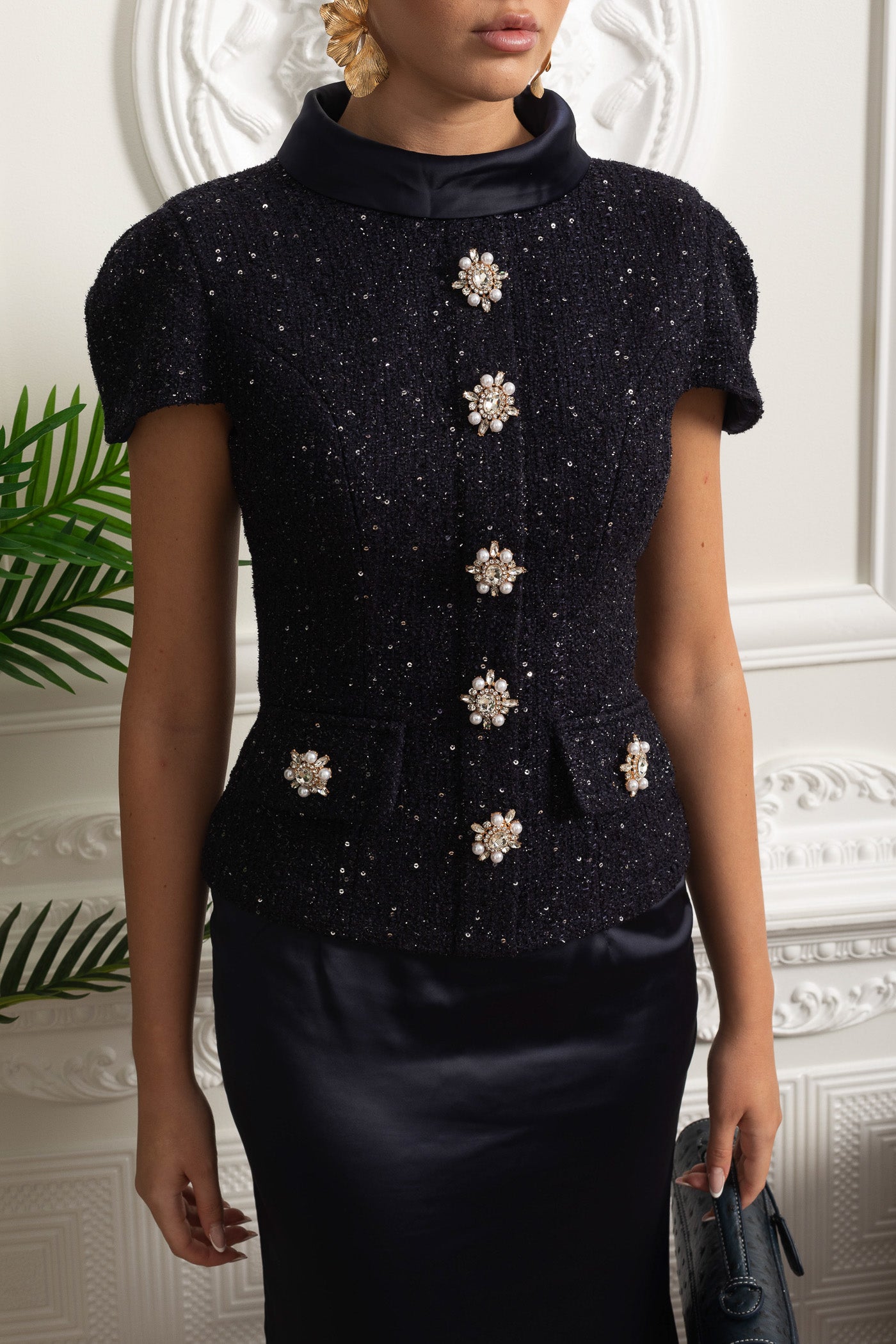 Co-Ord Set with Tweed Embellished Top and Satin Maxi Skirt - Navy