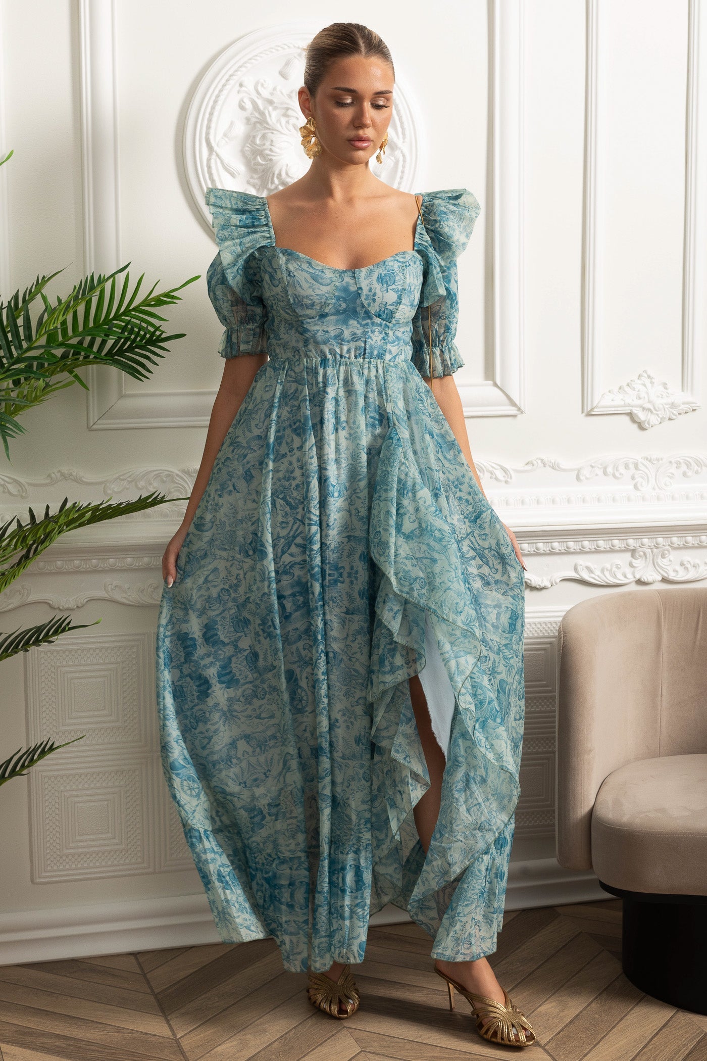 Printed Maxi Dress With Puff Sleeves And Front Slit - Blue
