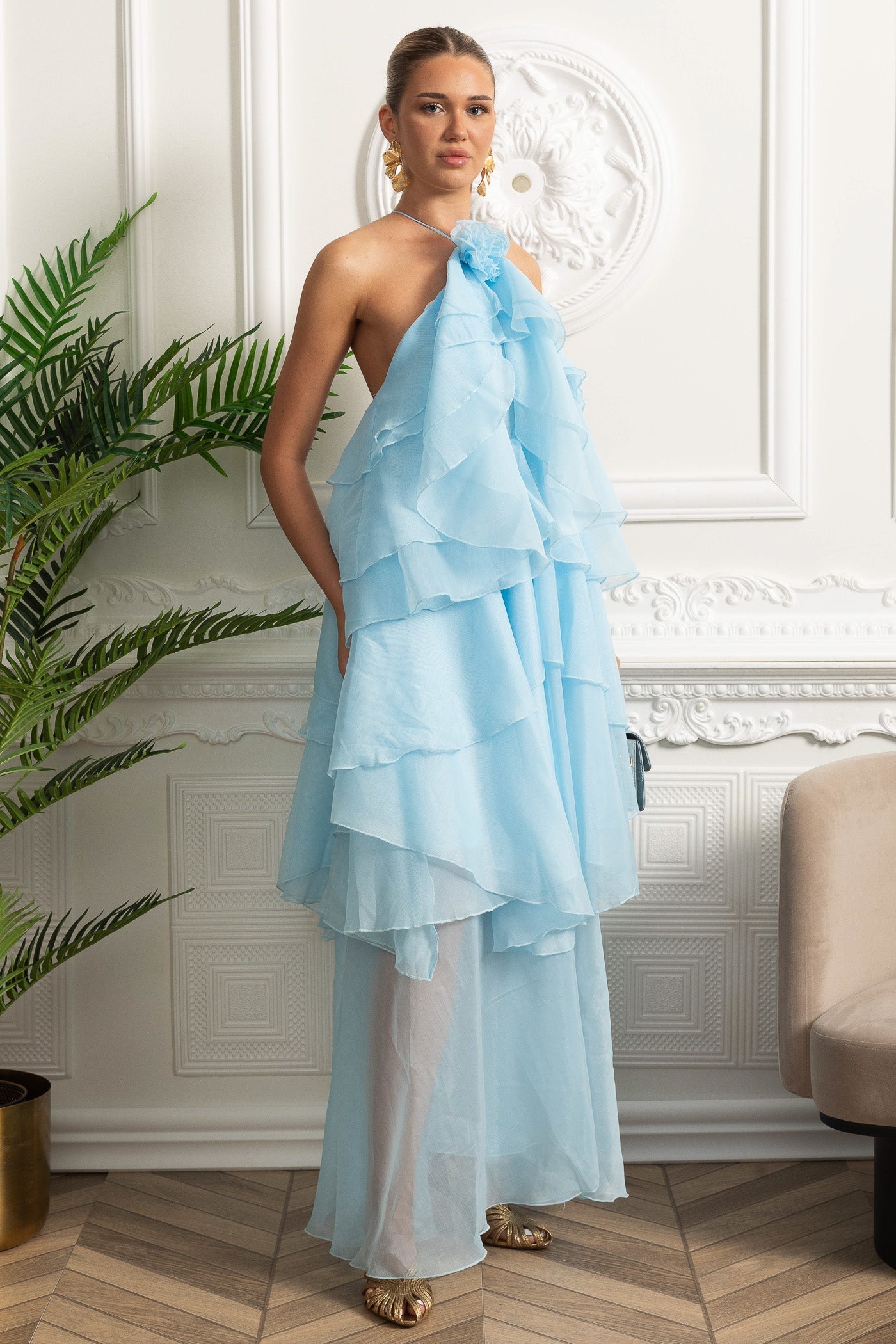 Robe Maxi à Volants Échelonnés Halter - Sky Blue