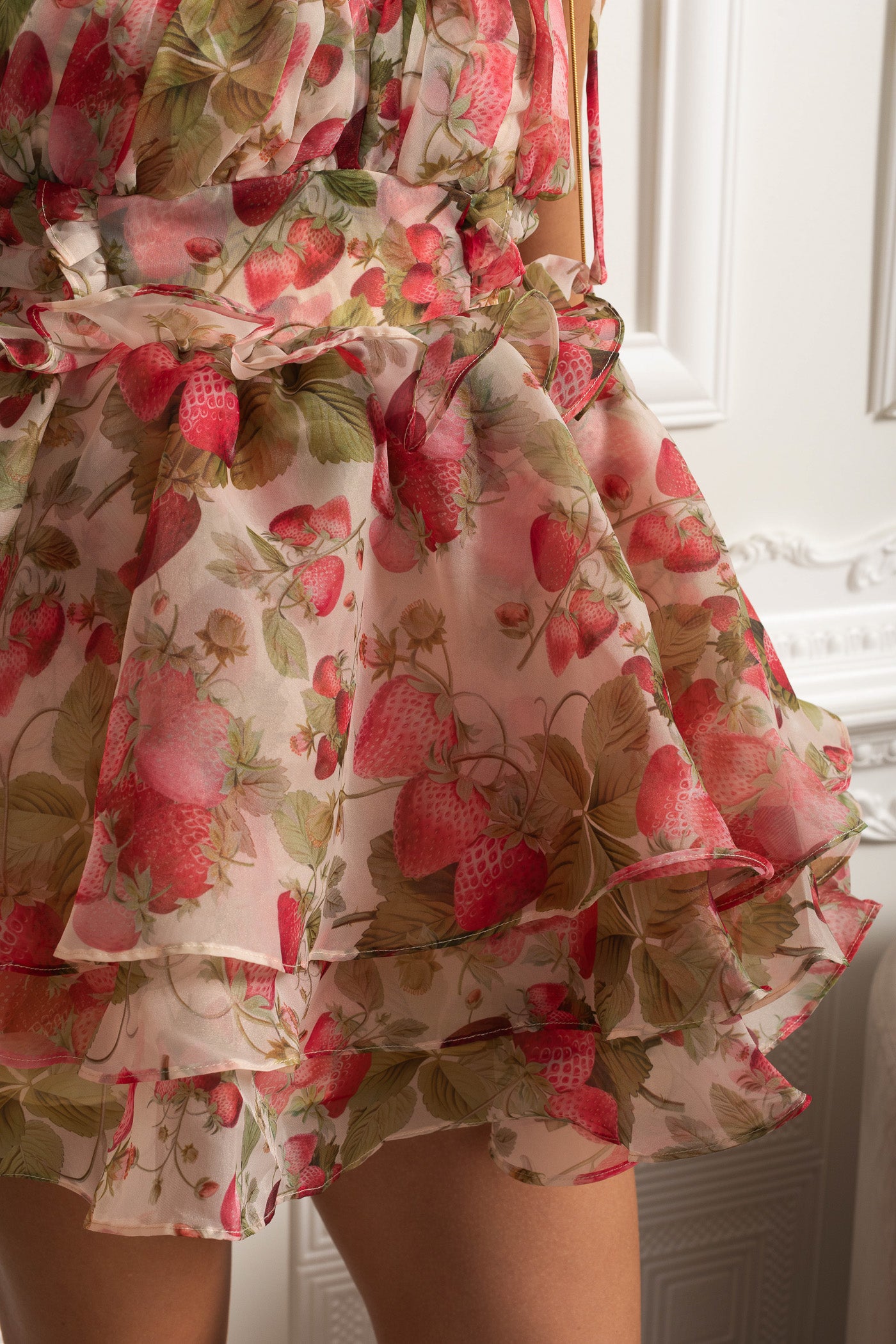 Robe Mini Imprimée à Volants avec Dos Corset - Strawberry