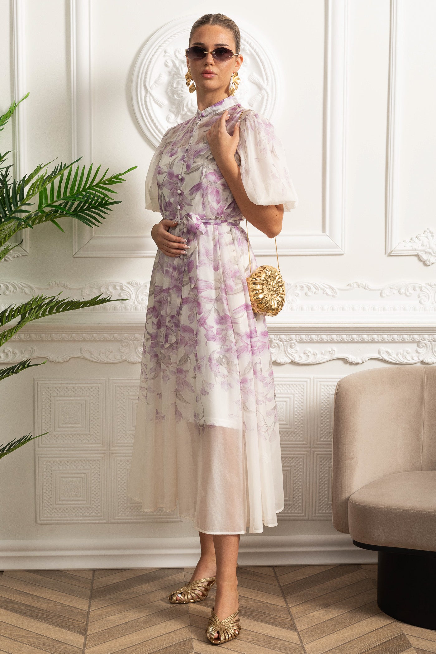 Sheer Silk Midi Shirt Dress with Botanical Motif and Tie Belt - White/Purple