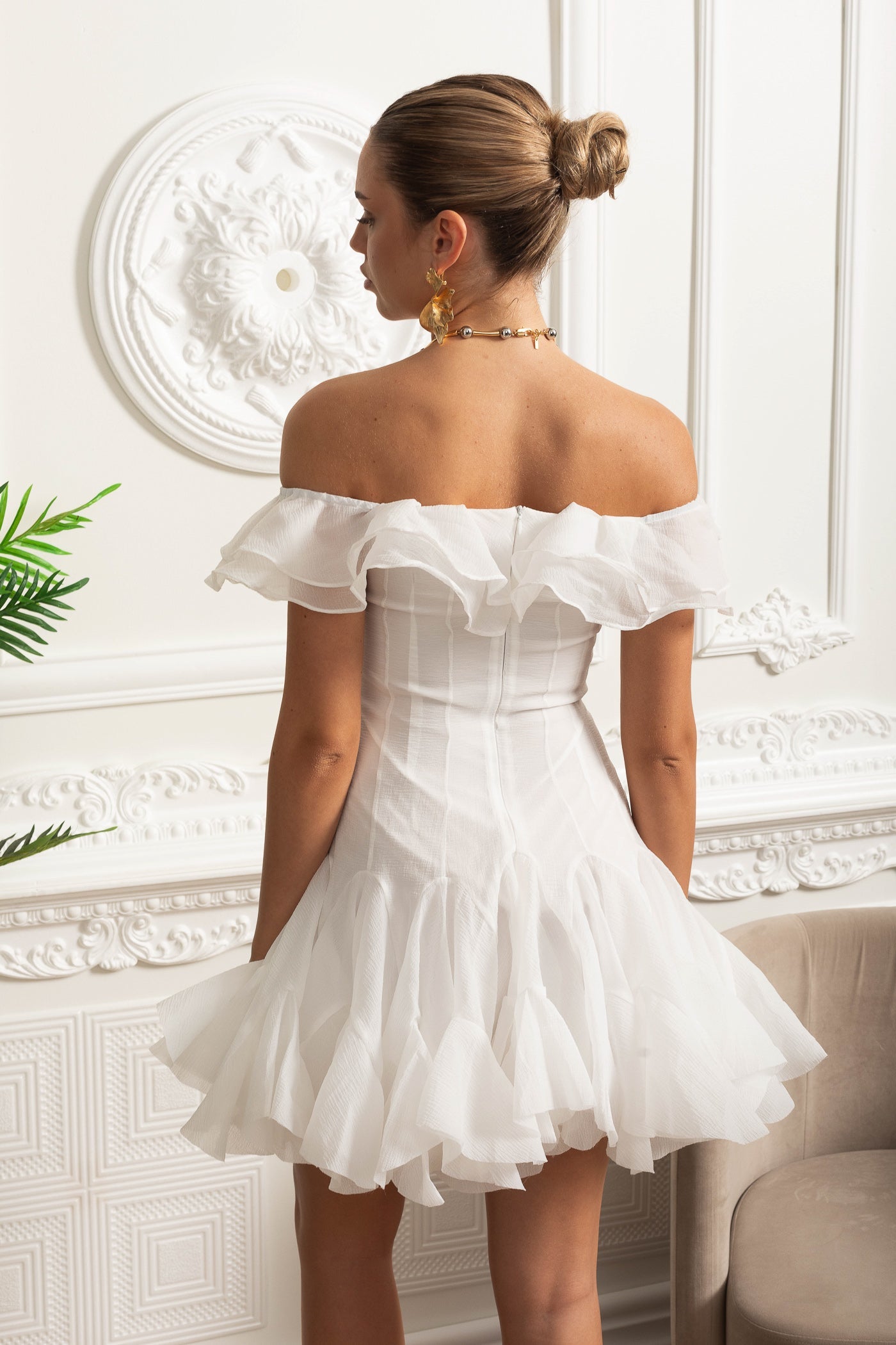 Off-Shoulder Mini Dress with Ruffled Organza Trim - White