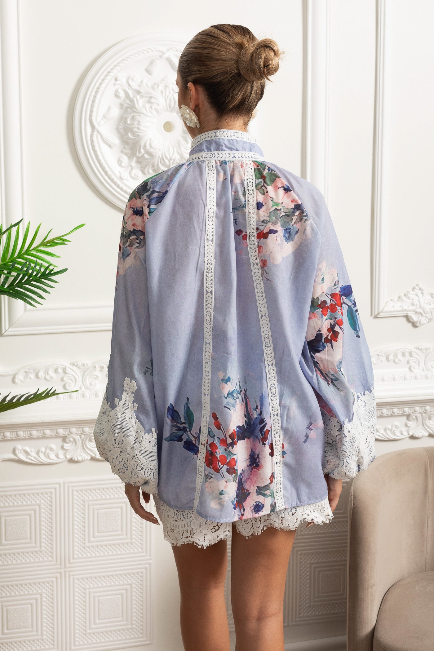 Floral Co-Ord with Lace Insets and Statement Belt - Powder Blue