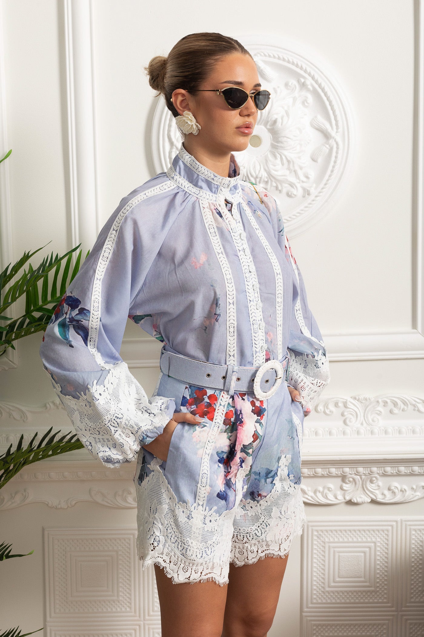 Floral Co-Ord with Lace Insets and Statement Belt - Powder Blue