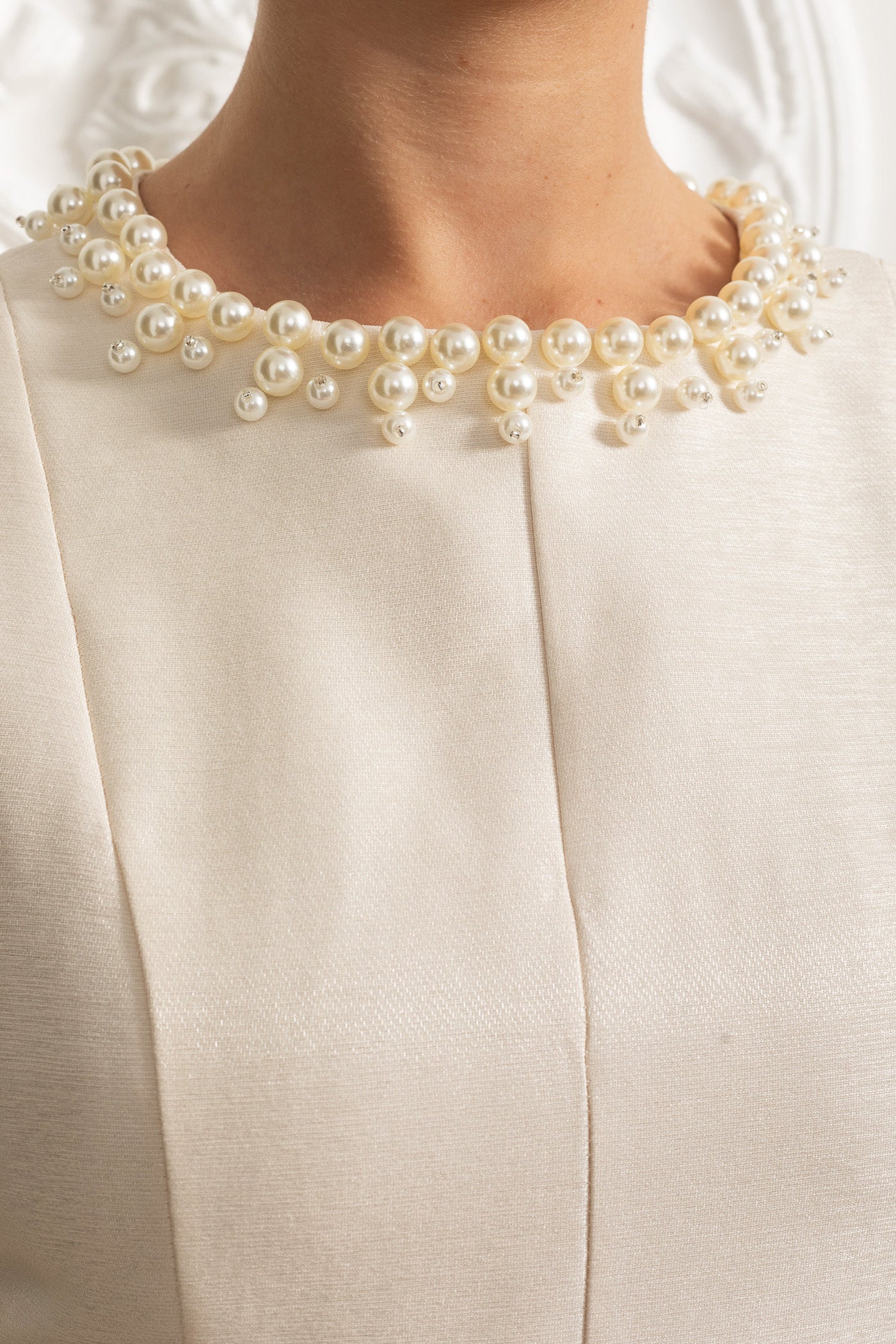 Sleeveless Midi Dress with Tulle Skirt and Pearl Embellished Collar - Ivoire