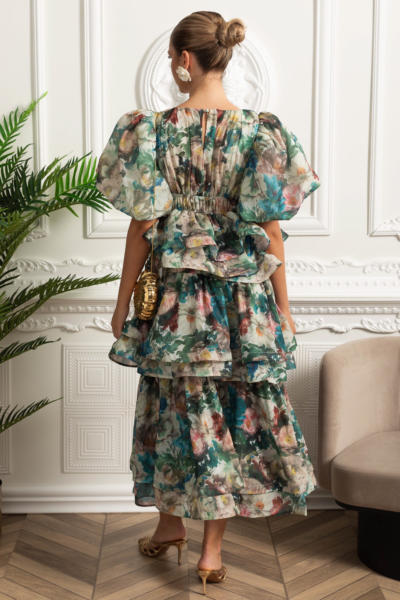 Puff Sleeve Tiered Ruffle Midi Dress - Green