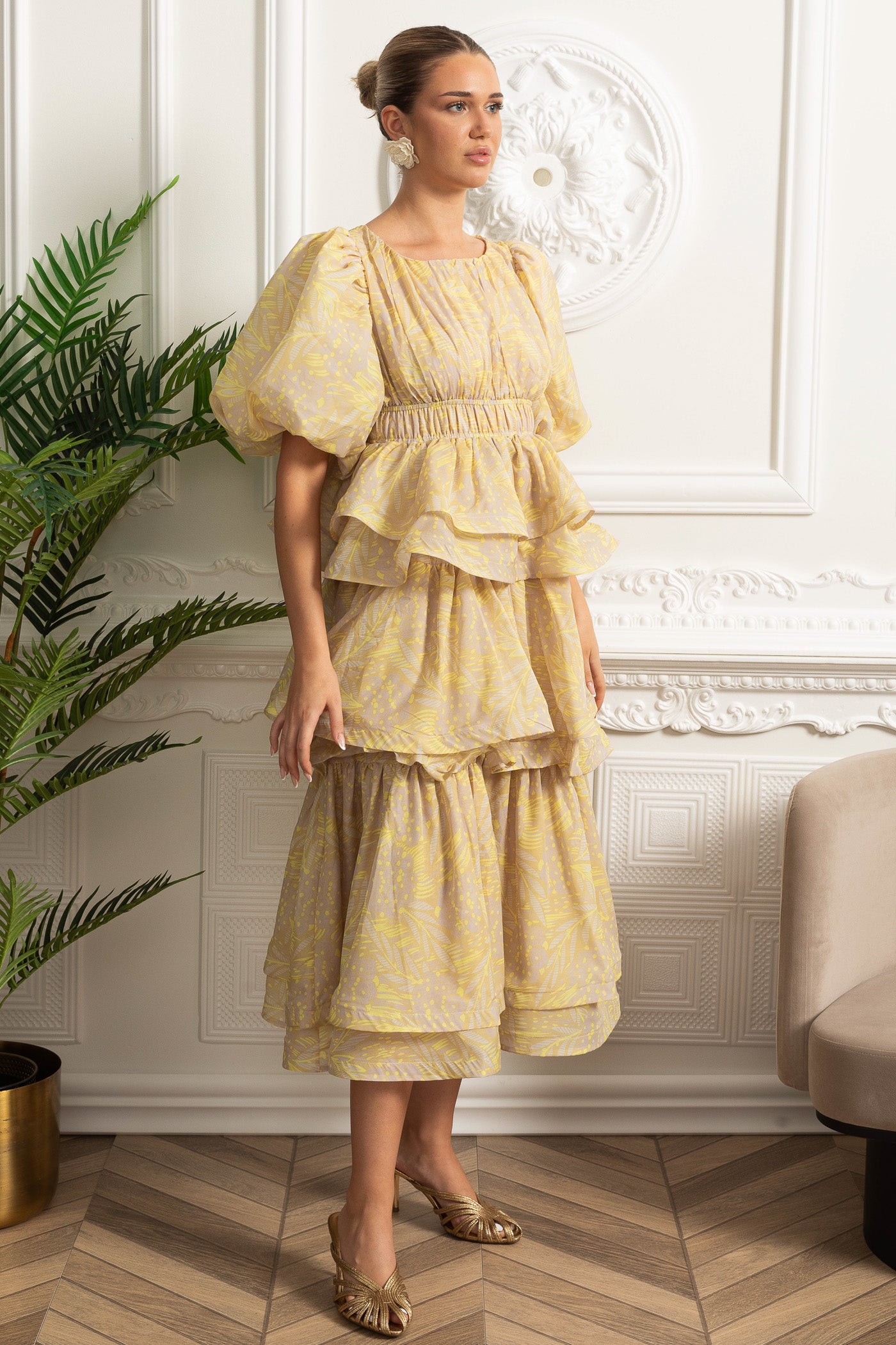 Robe Midi à Volants Échelonnés et Manches Bouffantes - Jaune