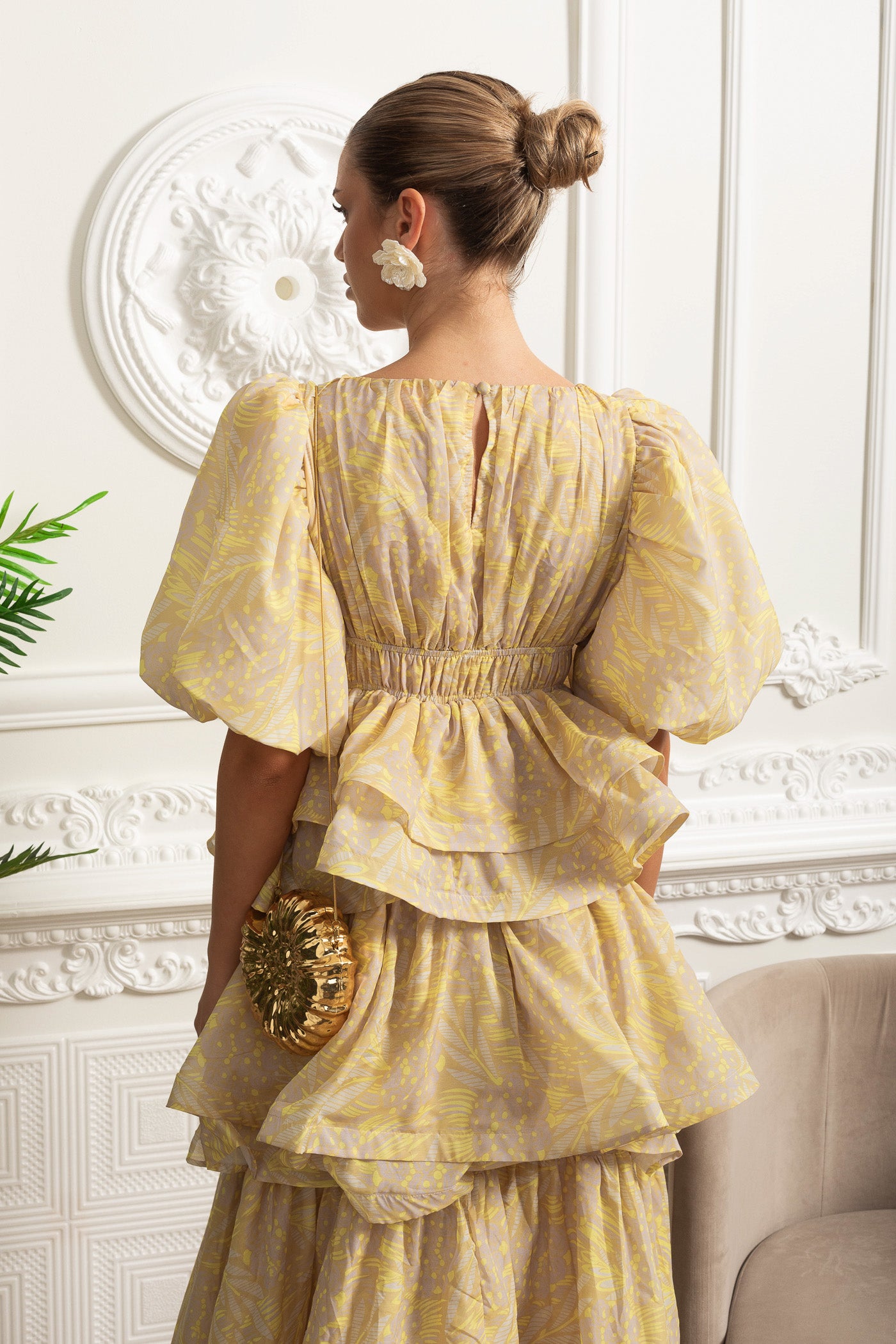 Robe Midi à Volants Échelonnés et Manches Bouffantes - Jaune