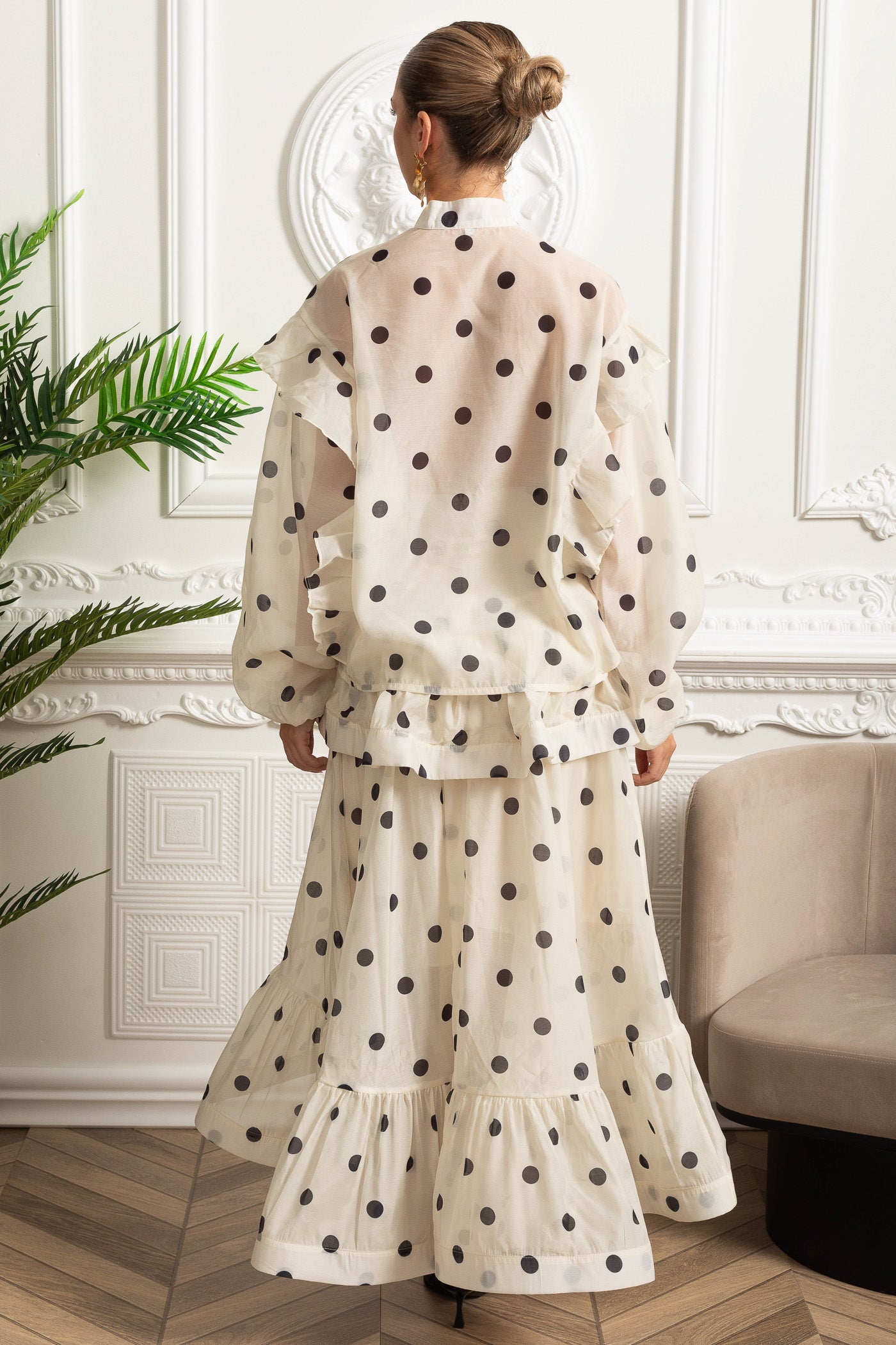 Polka Dot Co-Ord with Voluminous Sleeves and Statement Waist Bow - Ivoire