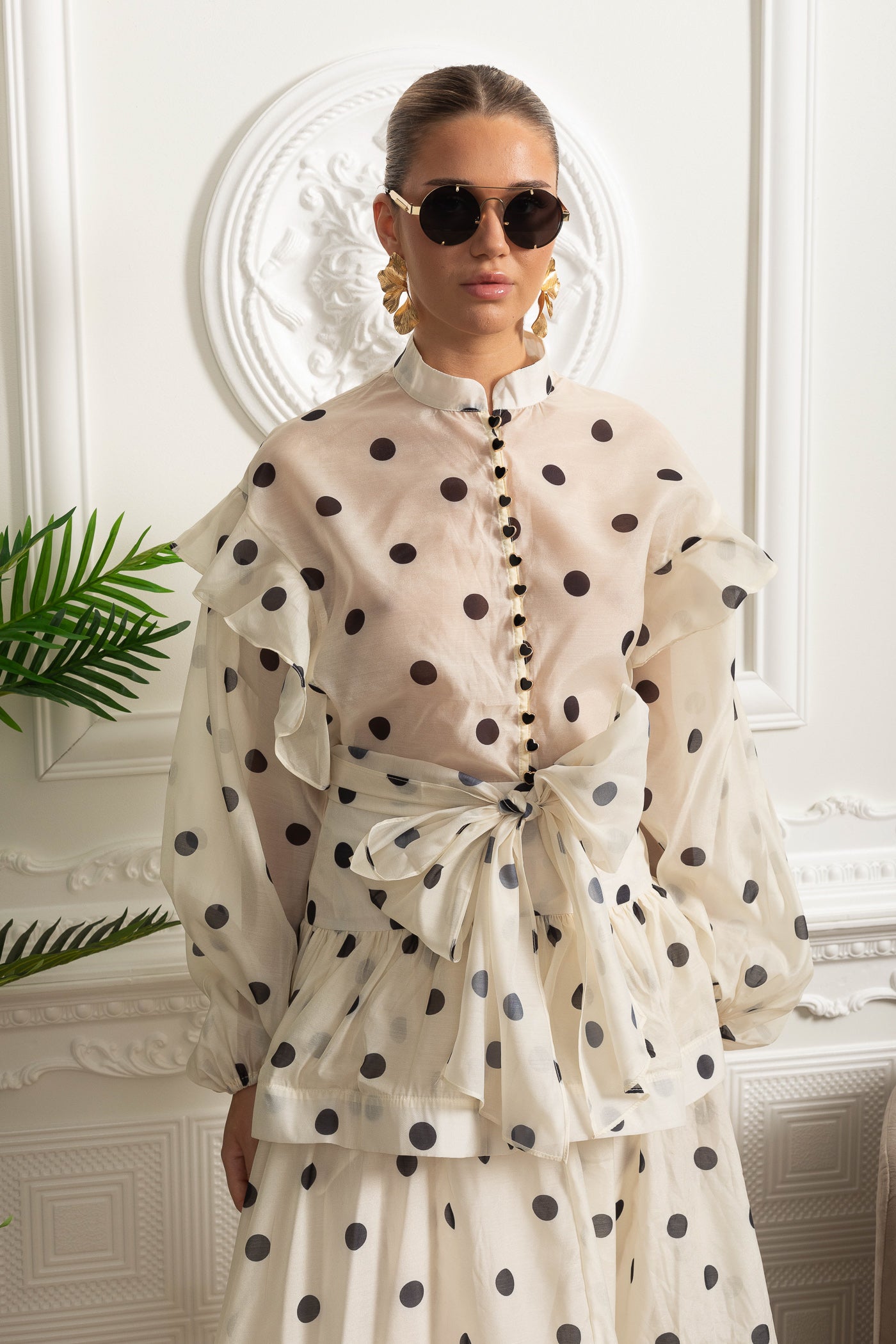 Polka Dot Co-Ord with Voluminous Sleeves and Statement Waist Bow - Ivoire