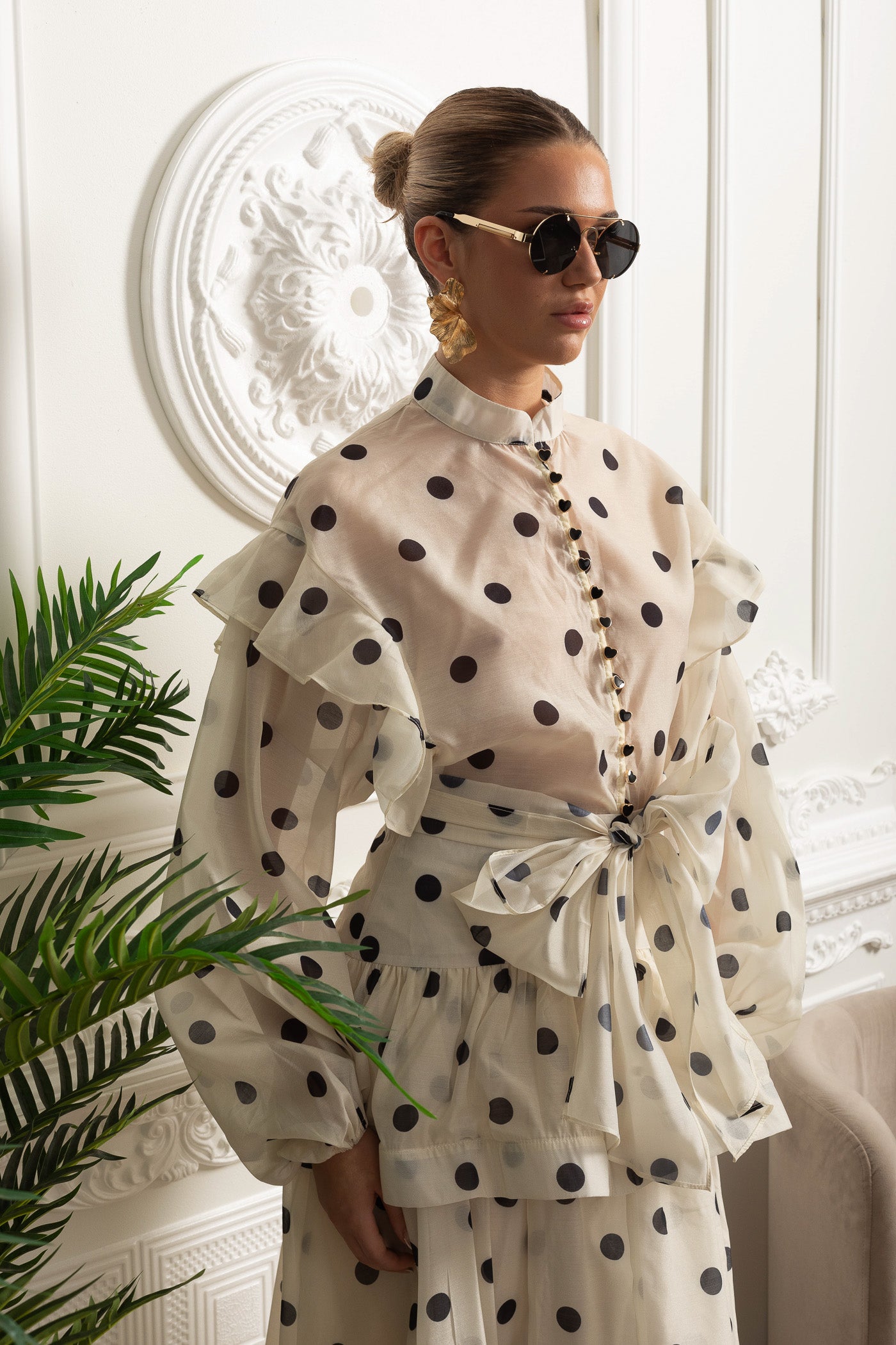 Polka Dot Co-Ord with Voluminous Sleeves and Statement Waist Bow - Ivoire