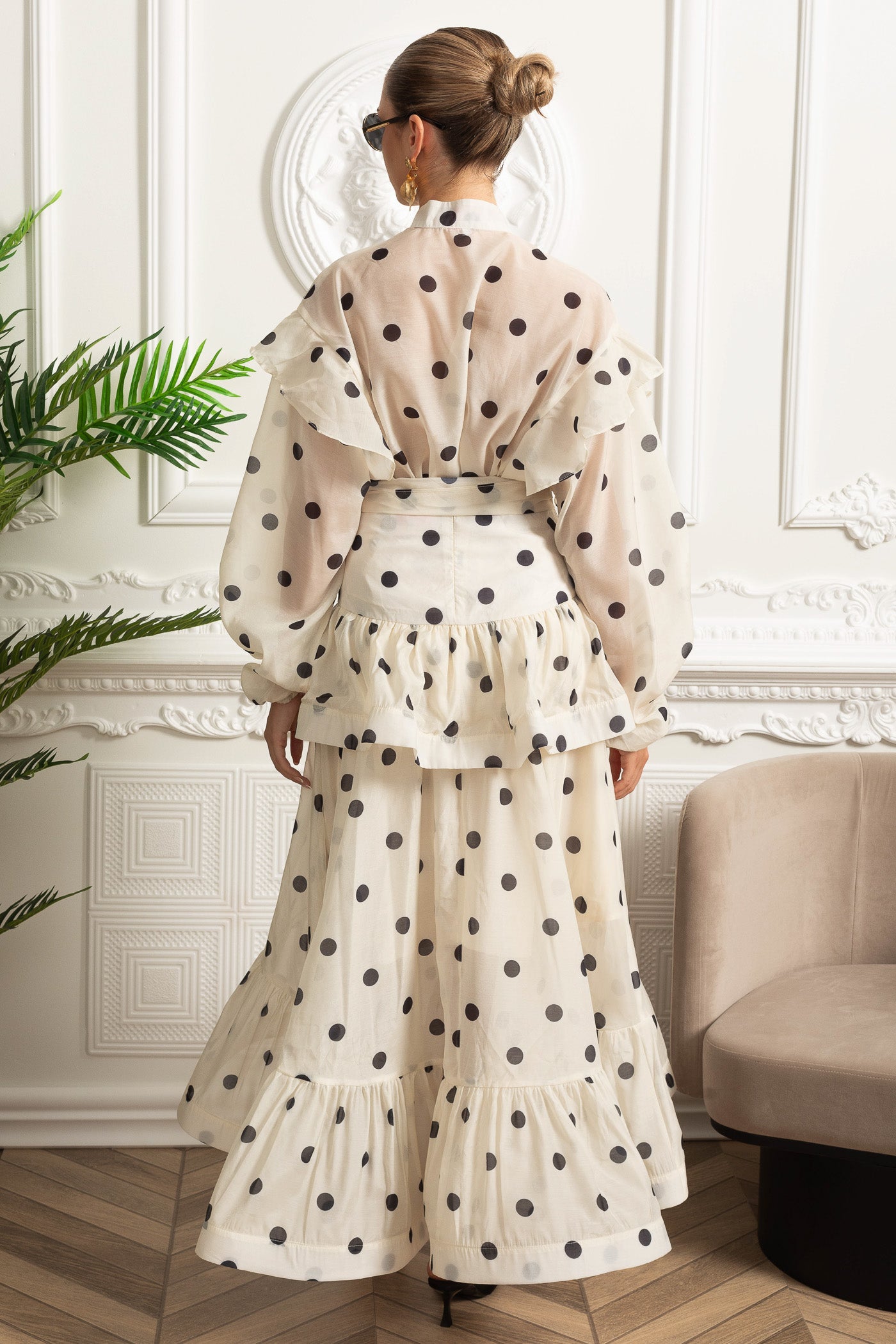 Polka Dot Co-Ord with Voluminous Sleeves and Statement Waist Bow - Ivoire