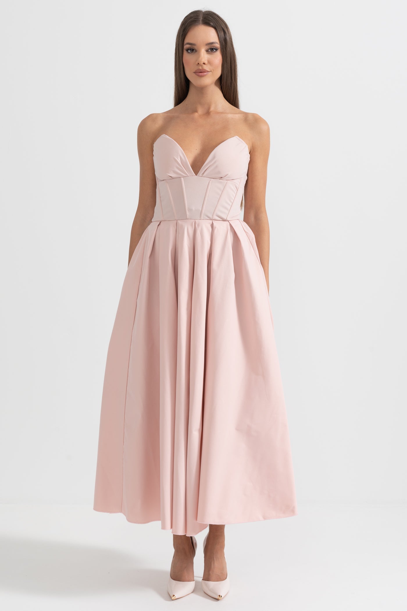 Robe midi sophistiquée sans bretelles avec corsage ajusté - Pêche