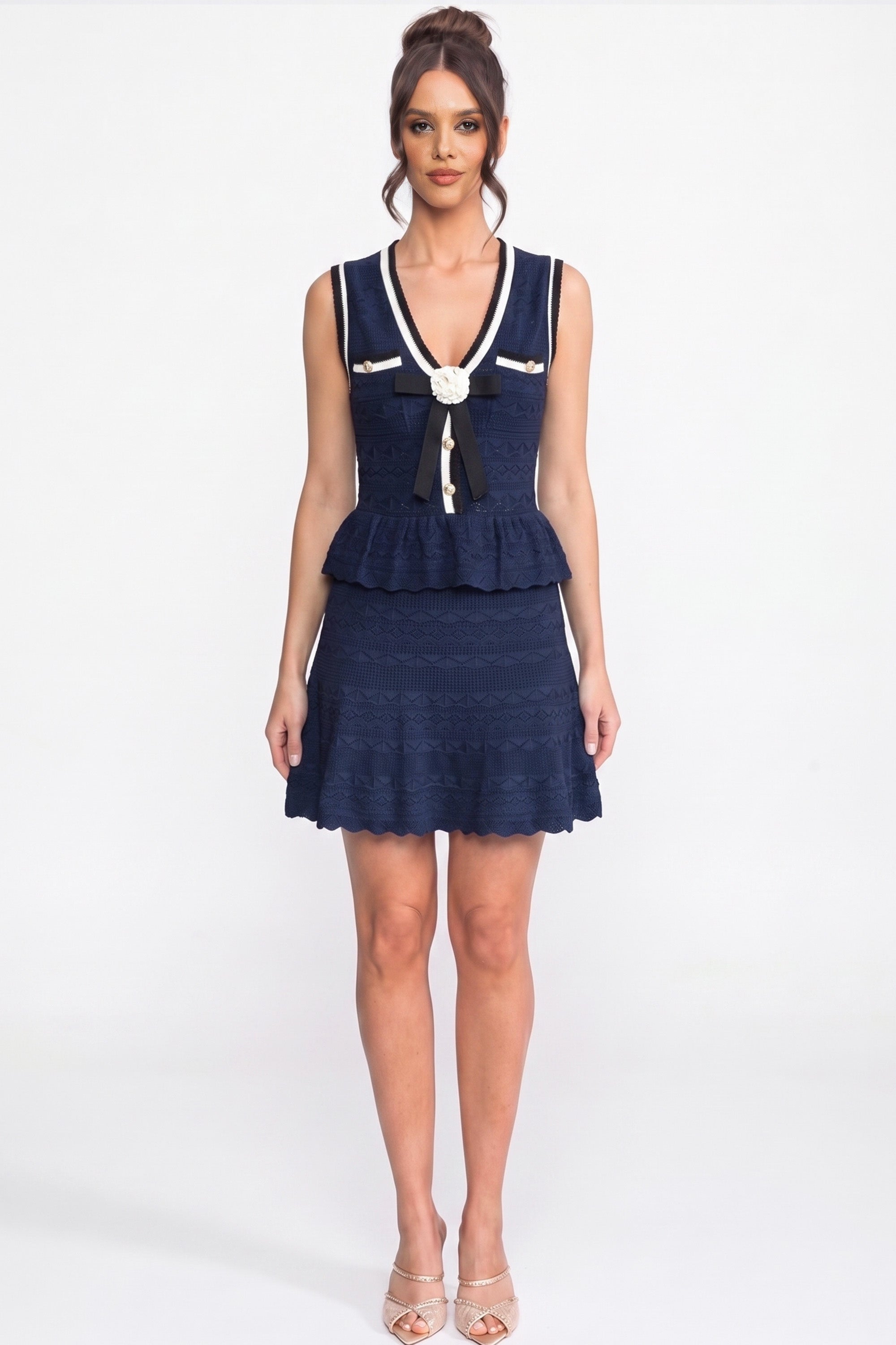 Robe mini en maille péplum avec liseré contrastant et nœud - Navy