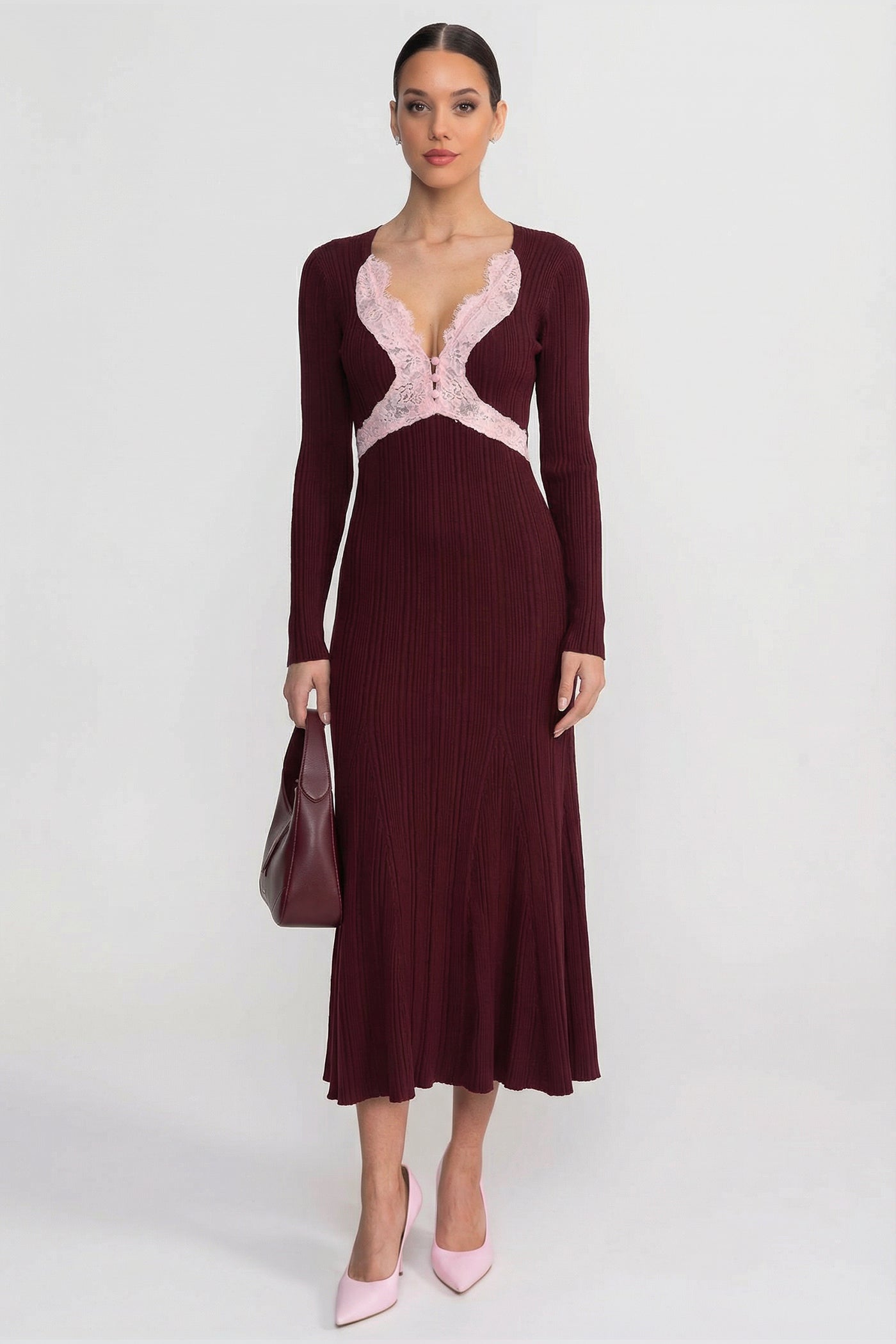 Ribbed Long Sleeve Midi Dress With Lace-Trim V-Neckline - Burgundy