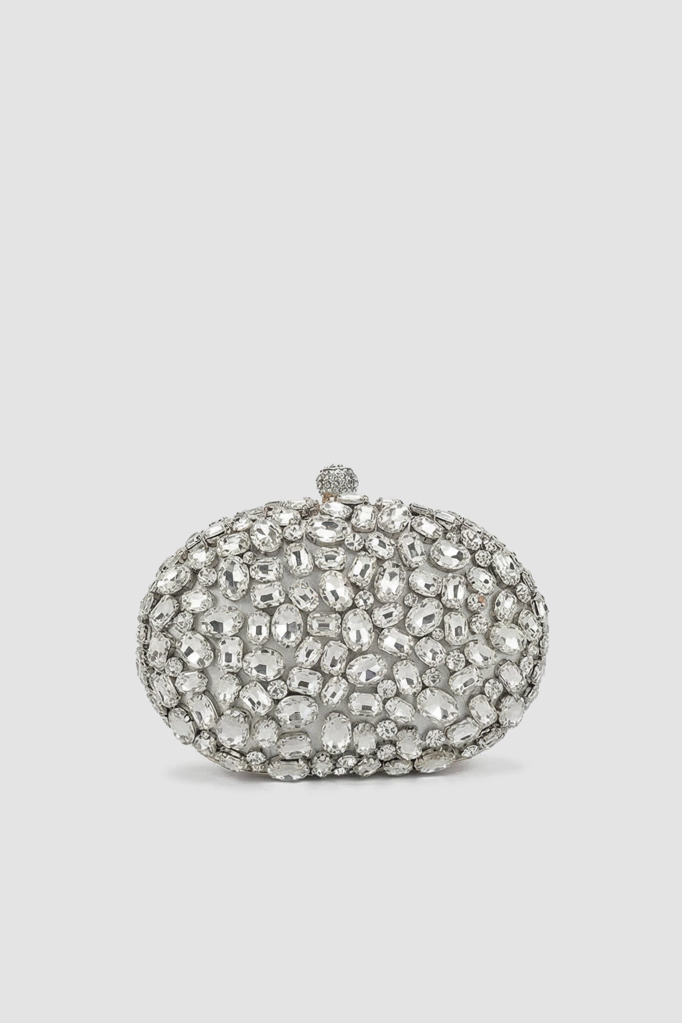 Crystal-Embellished Oval Clutch with All-Over Stone Finish – Gold