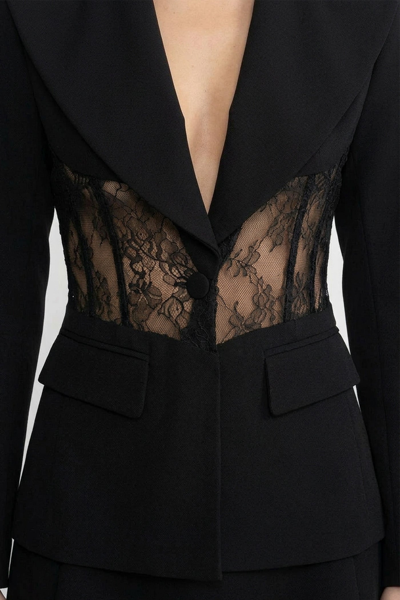Blazer à Manches Longues Ajusté avec Panneaux de Taille en Dentelle Transparente - Noir