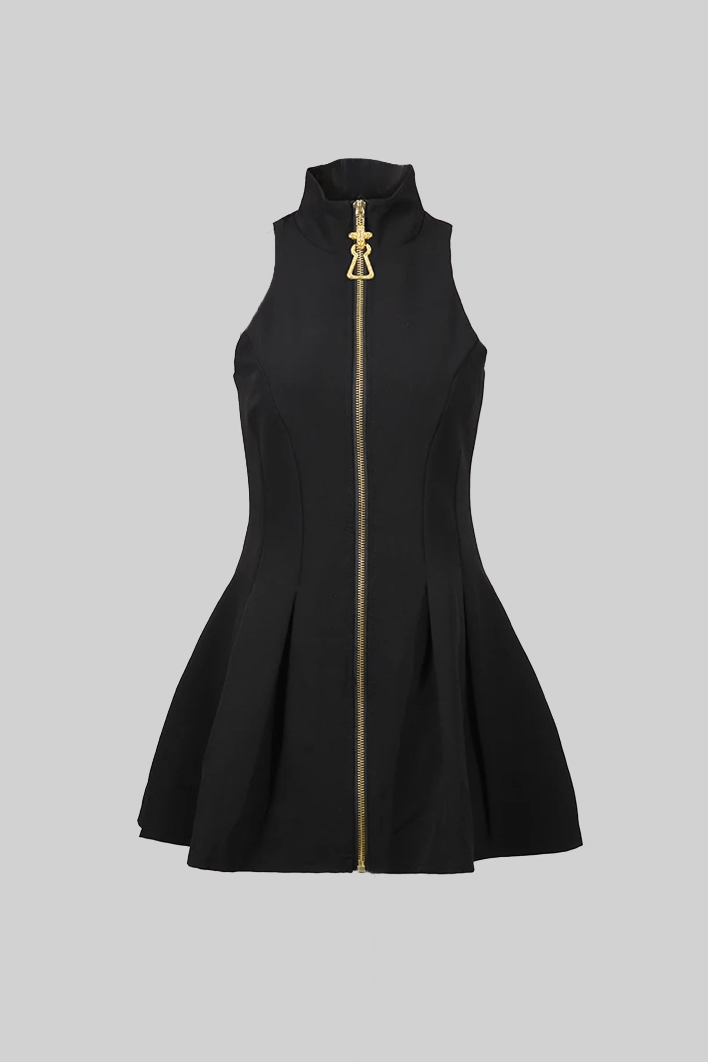 Sleeveless Mini Dress With Gold Front Zipper - Black