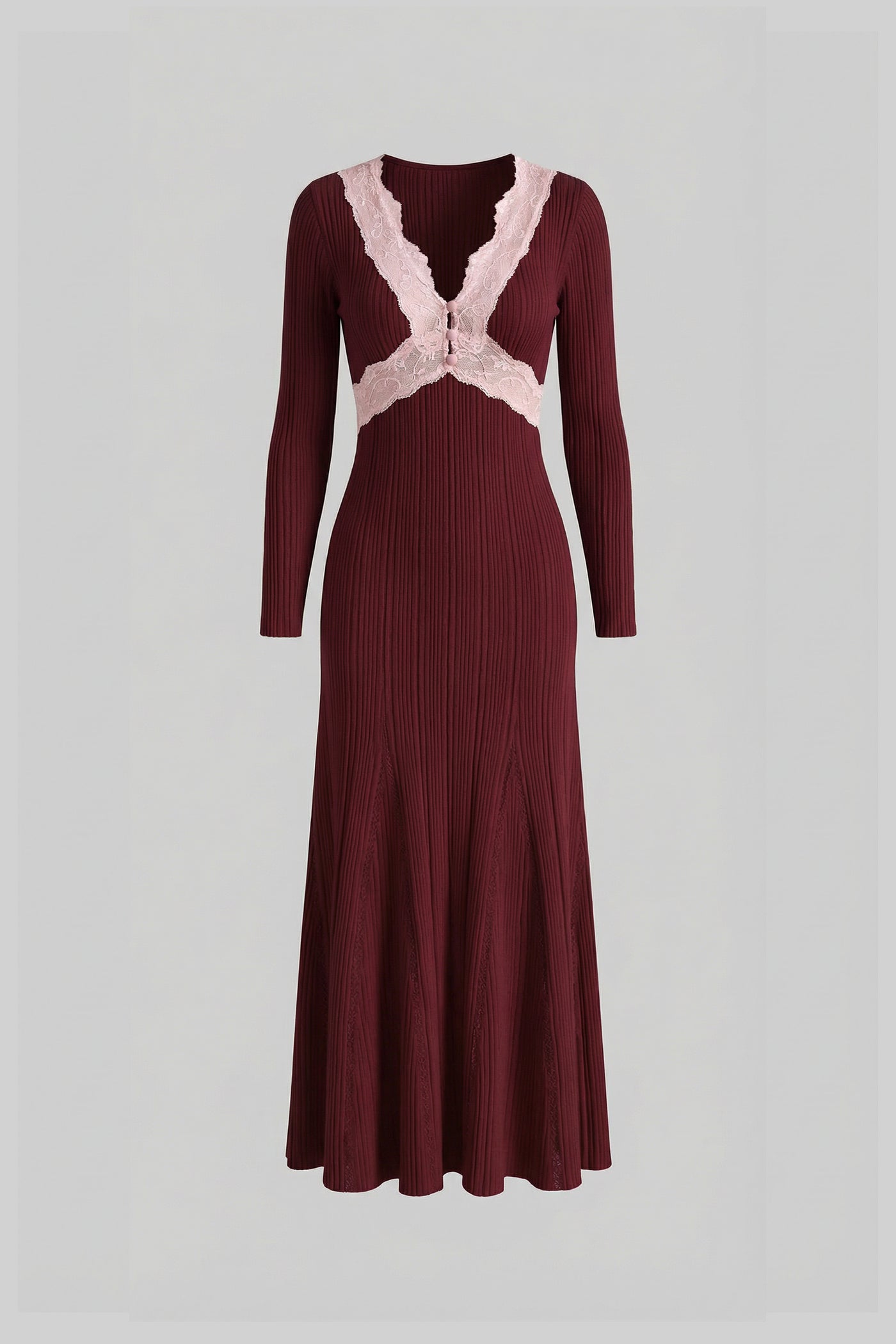 Ribbed Long Sleeve Midi Dress With Lace-Trim V-Neckline - Burgundy