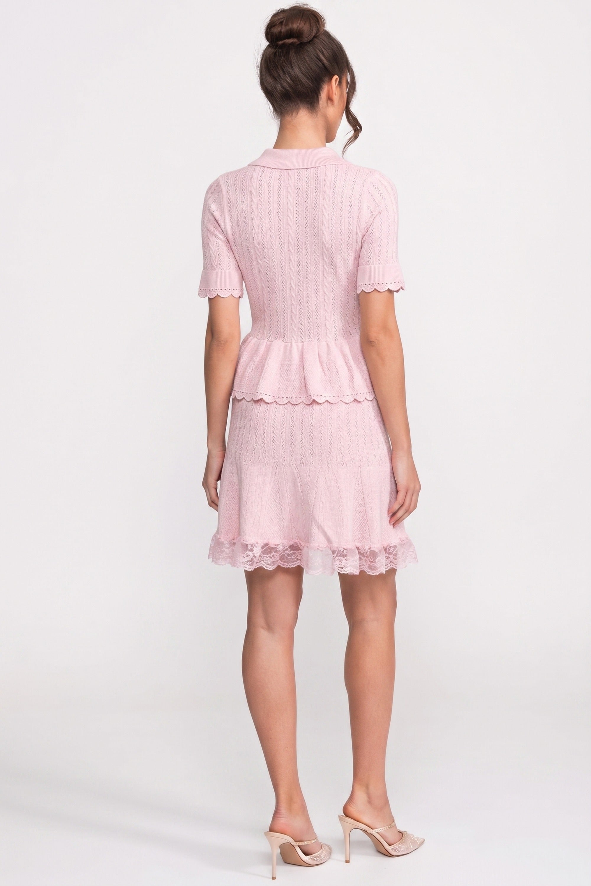 Polo-Collar Mini Dress With Button Top, Peplum Waist And Lace Hem - Pink