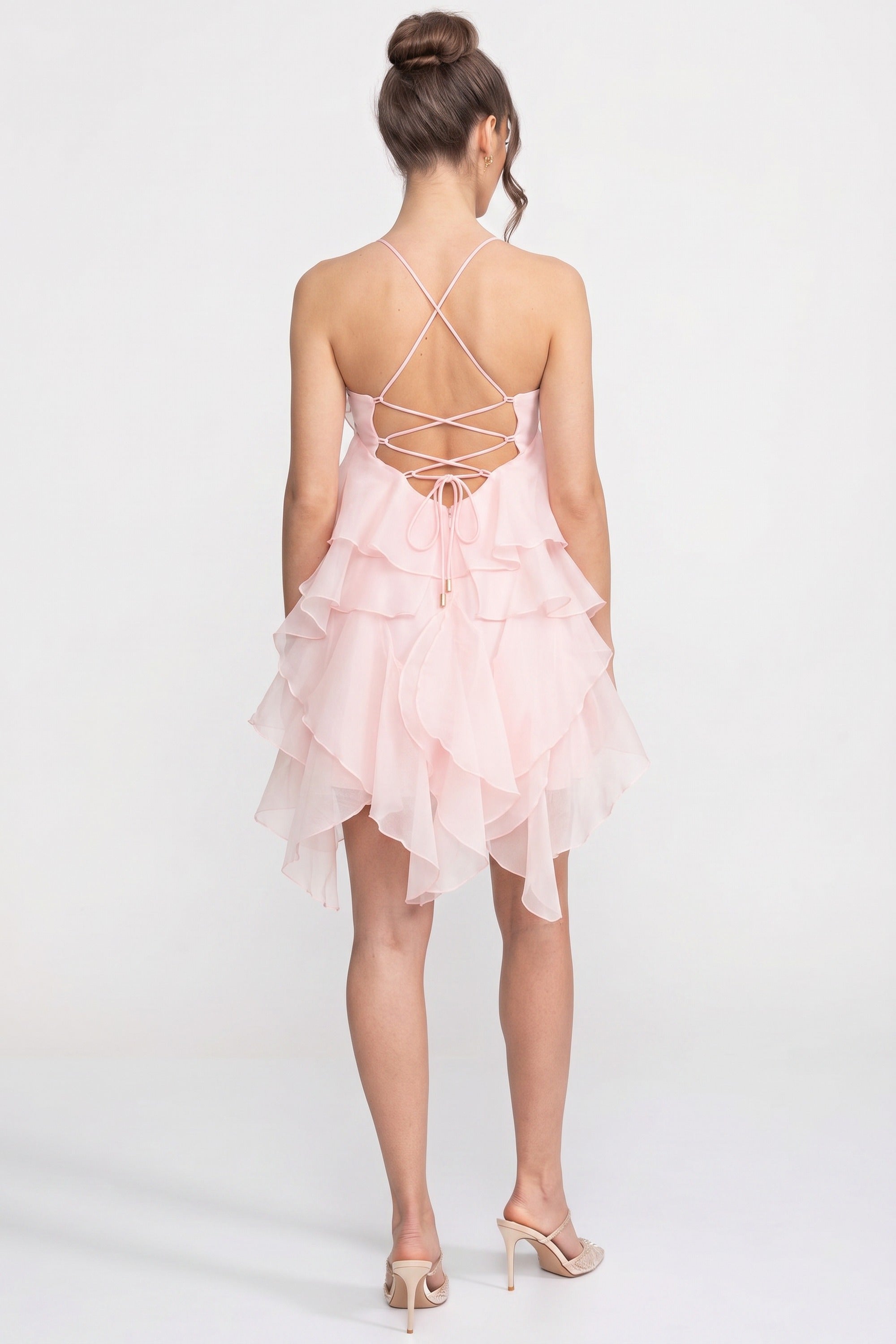 Mini-robe à volants superposés avec col halter floral 3D - Rose