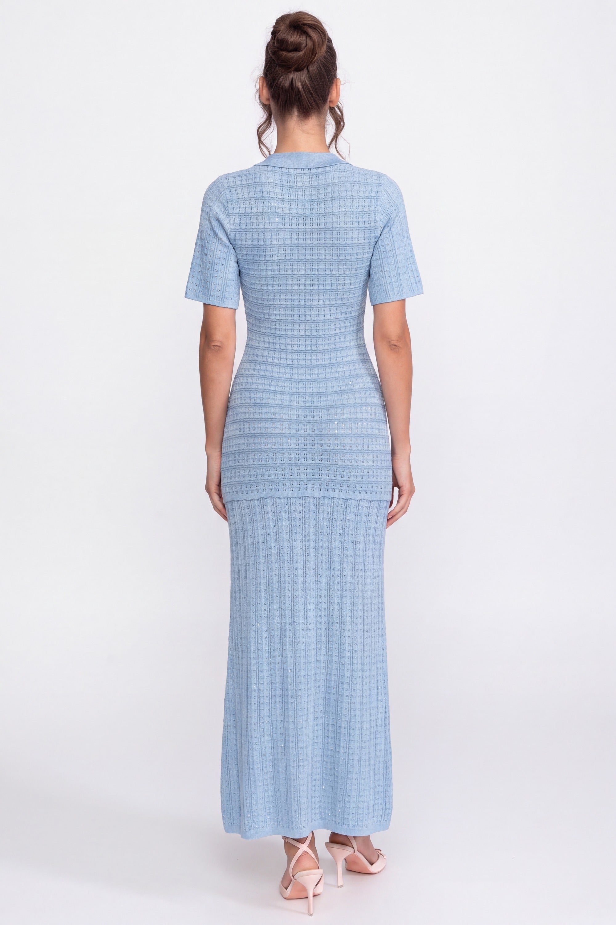Robe midi à manches courtes avec texture tricotée scintillante - Light Blue
