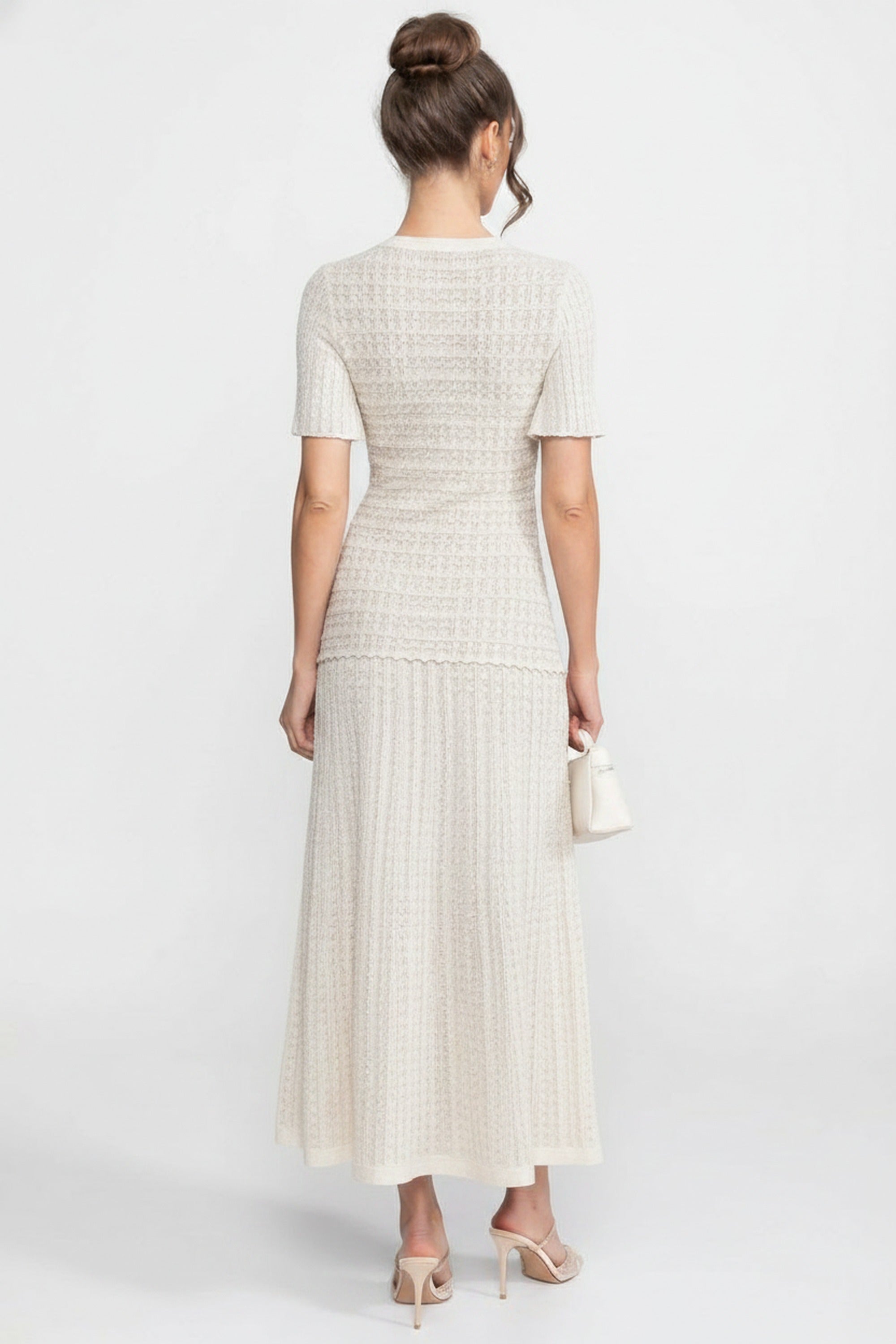 Robe midi à manches courtes avec texture en maille scintillante - Blanc
