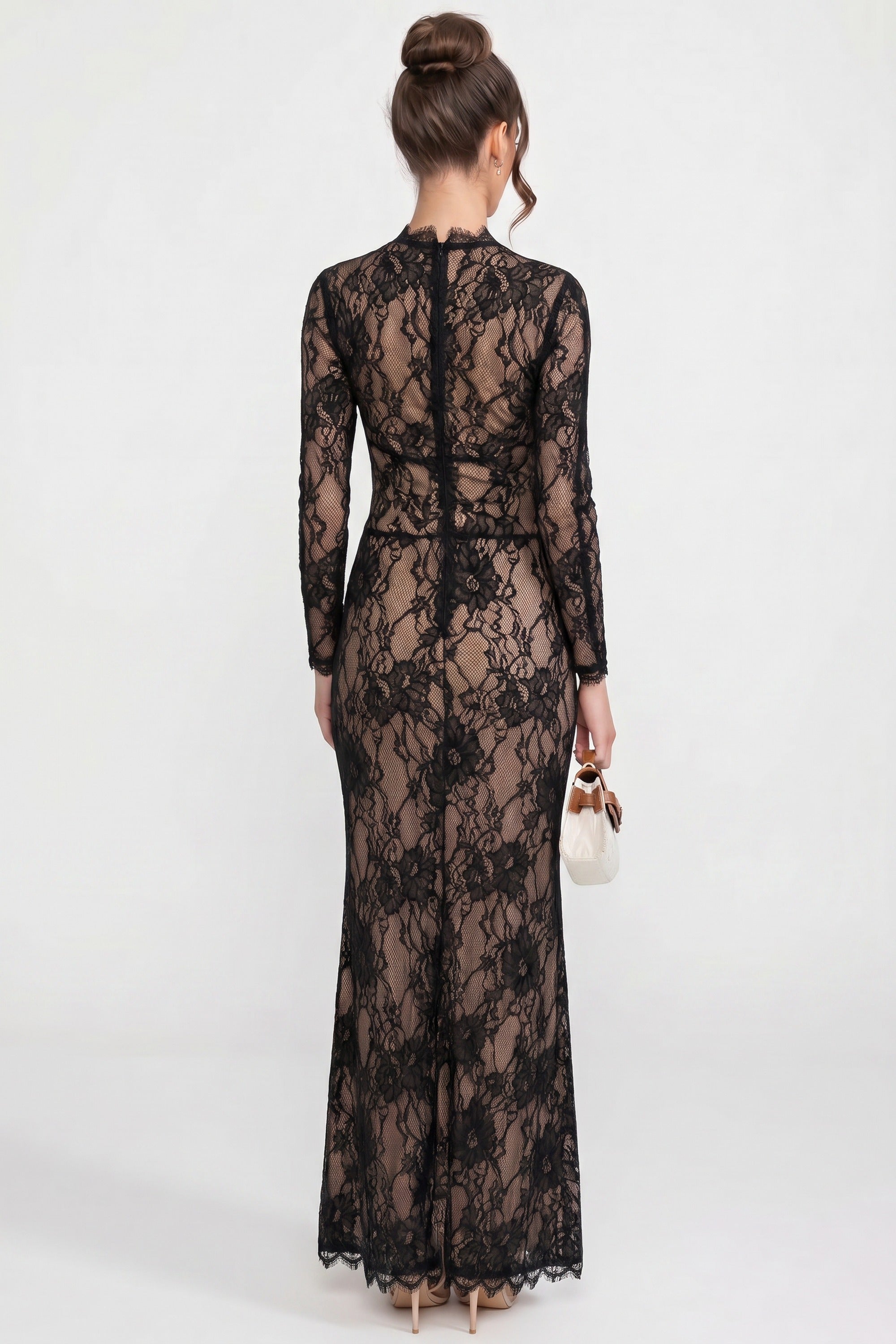 Elegant Lace Gown With High Neck, Front Cutout And Slit - Black
