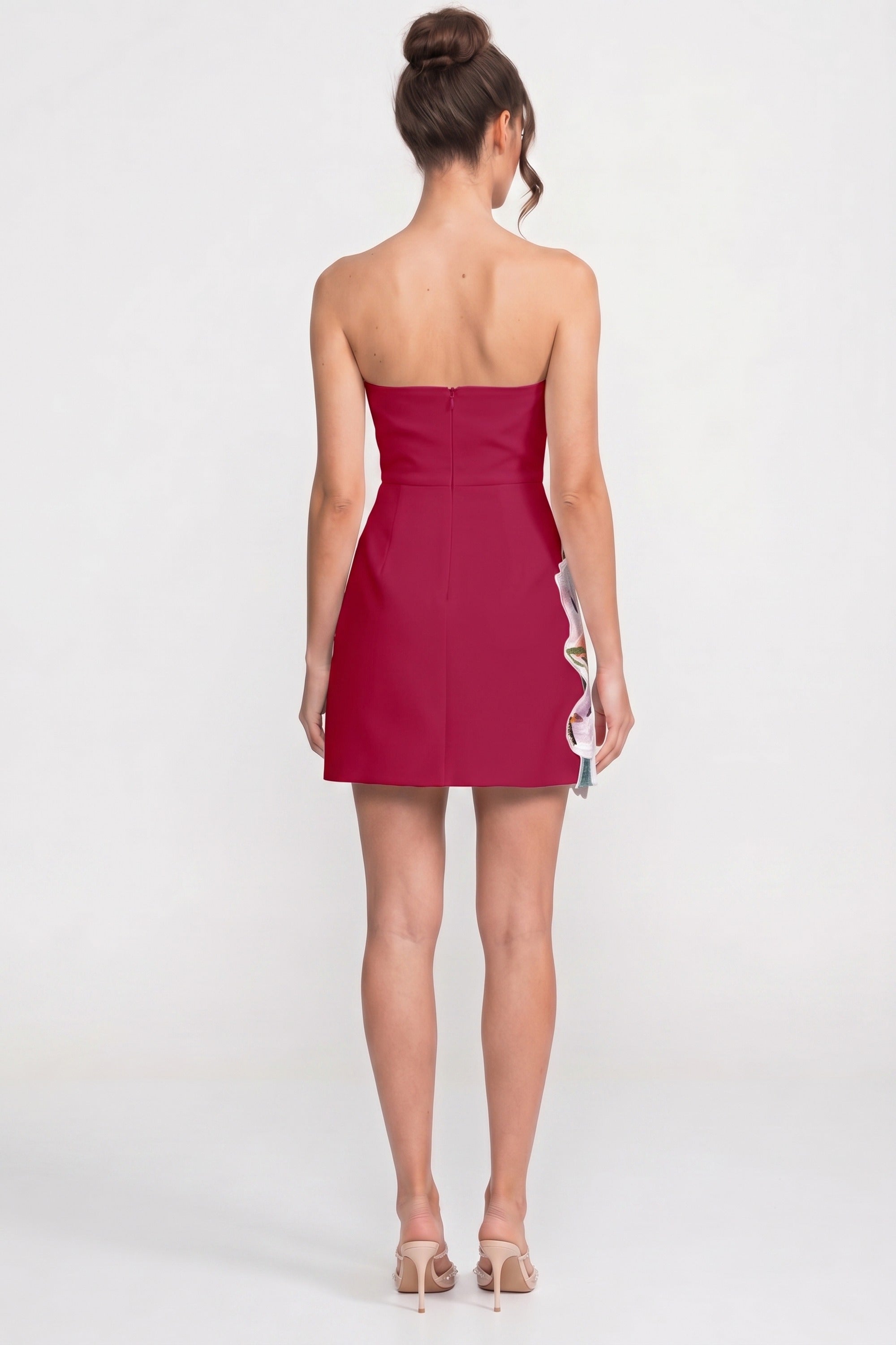 Strapless Floral-Print Mini Dress With Structured Bodice - Red