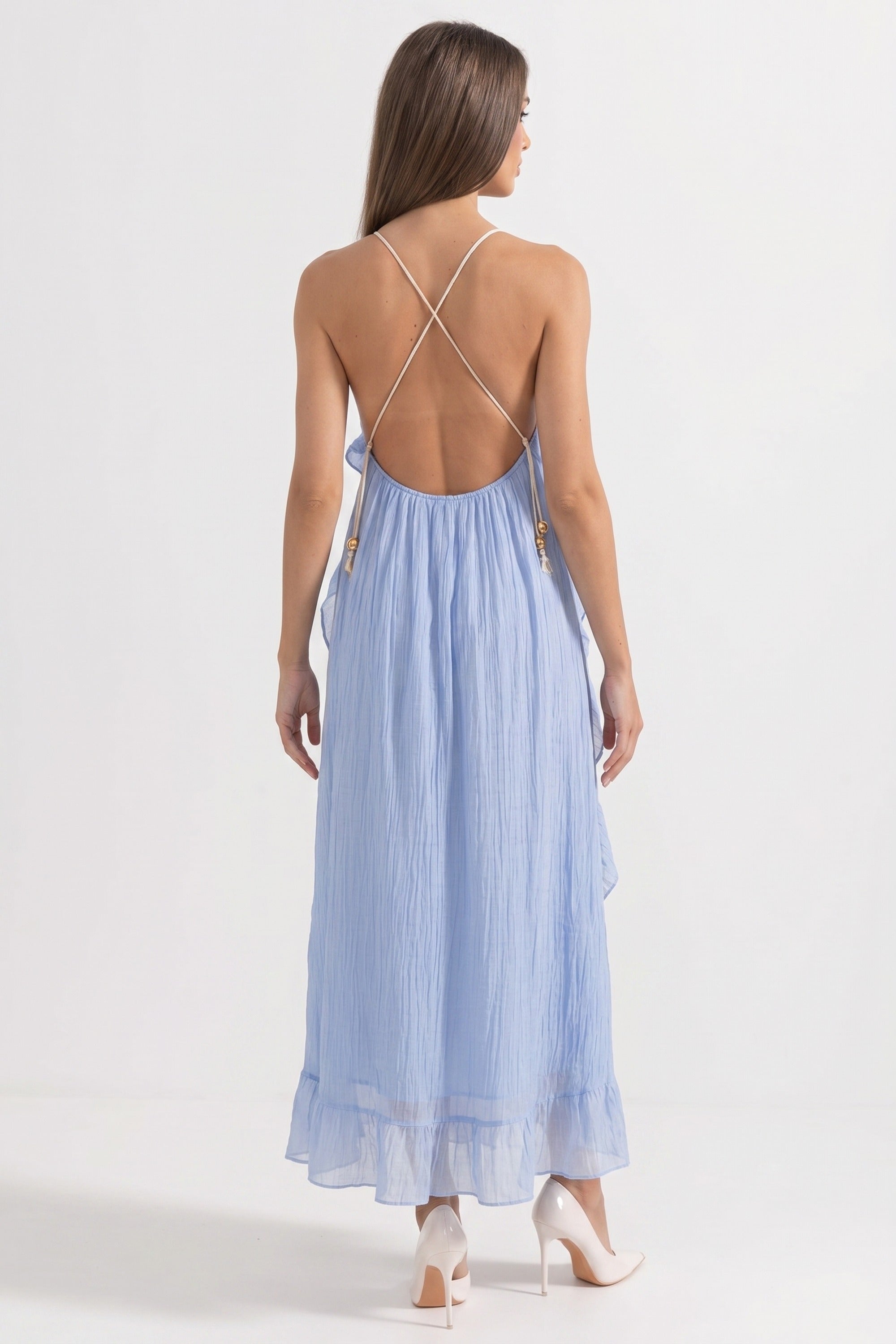 Robe longue à volants à profond décolleté en V avec étages asymétriques cascade - Bleu