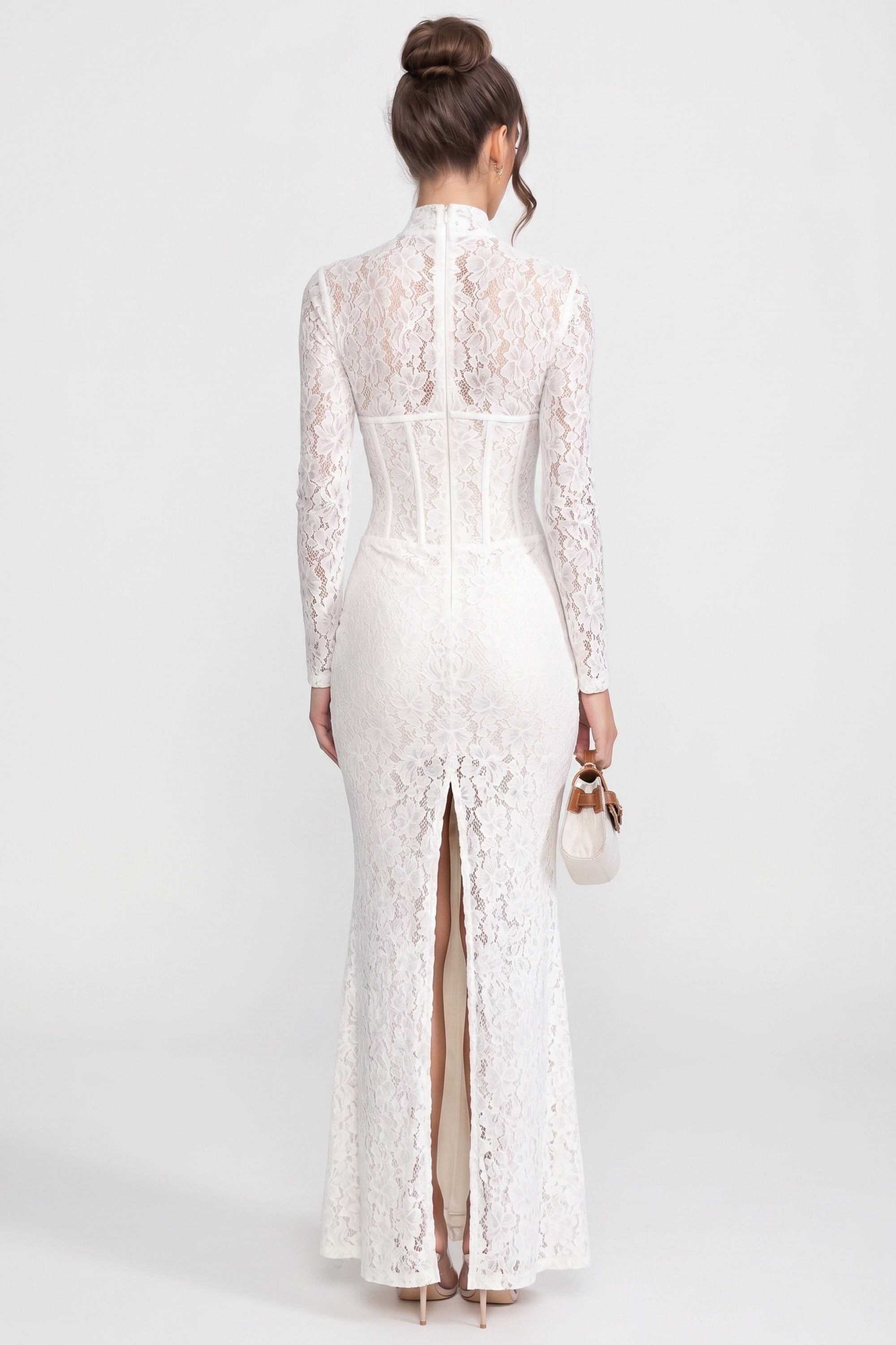 Robe maxi en dentelle à col montant et manches longues, silhouette colonne - Blanc