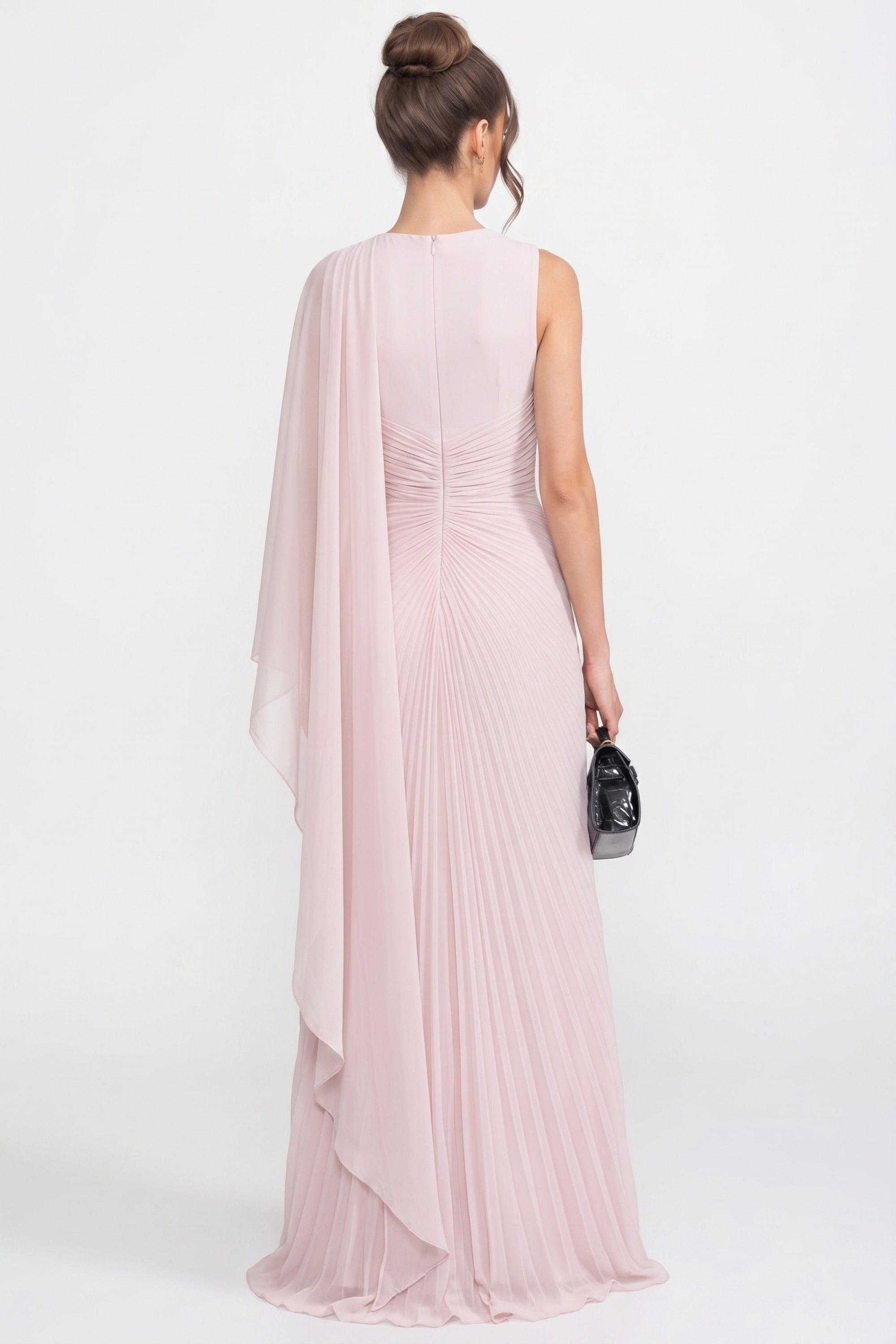 Robe longue drapée à une épaule avec détail écharpe transparente - Rose