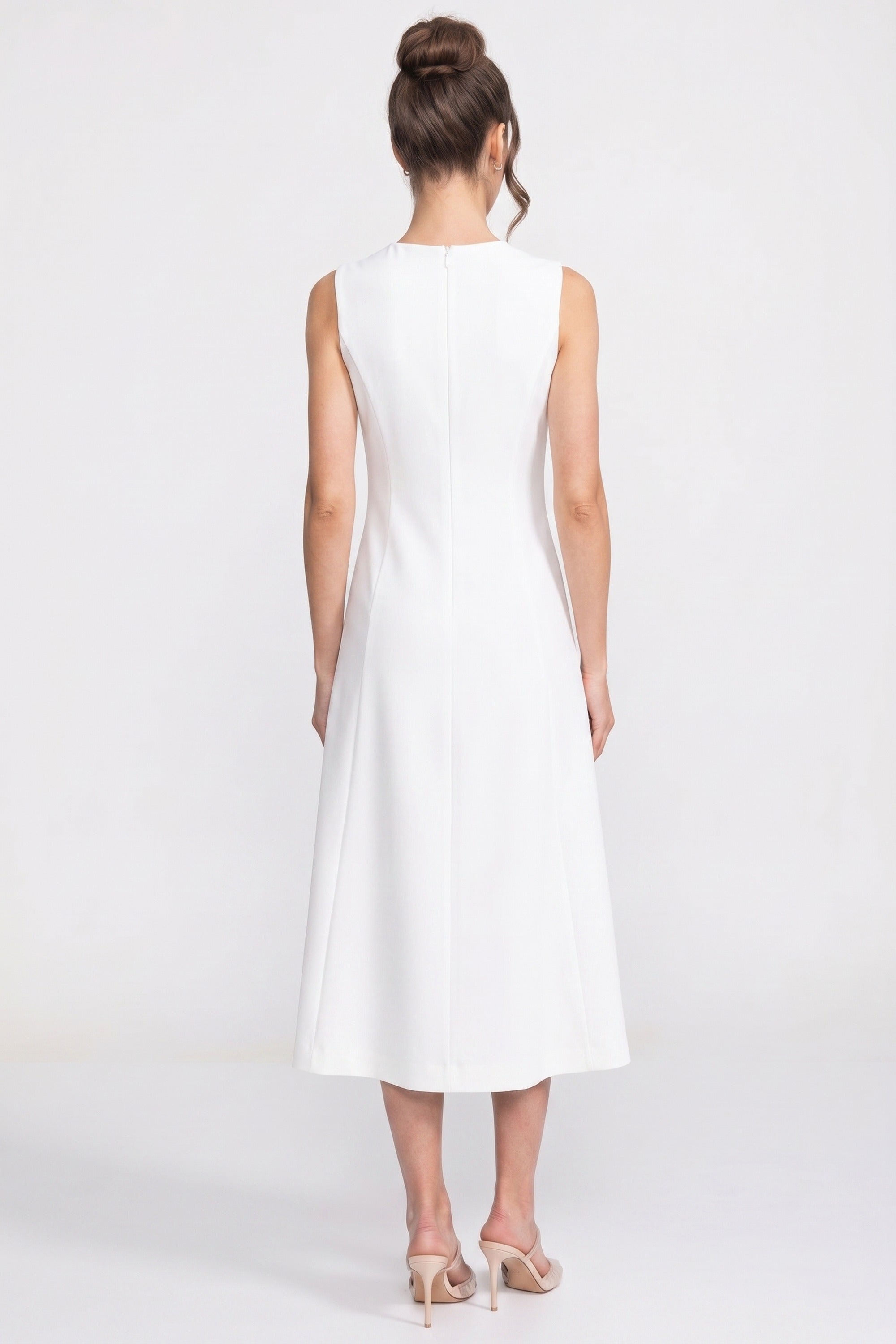 Robe midi sans manches avec appliqué floral 3D et jupe ample - Blanc