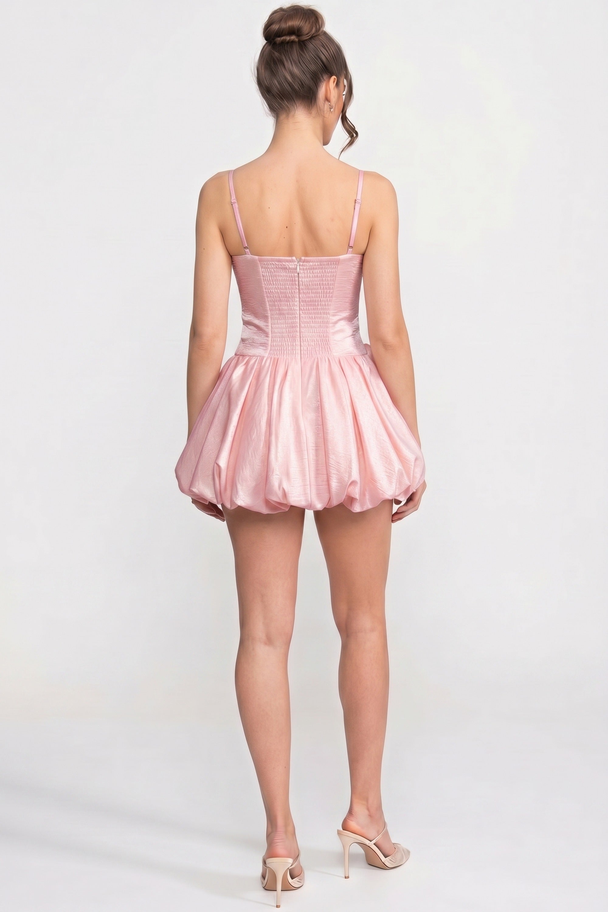 Robe Mini en Velours à Bretelles Spaghetti avec Jupe Rose en 3D - Rose