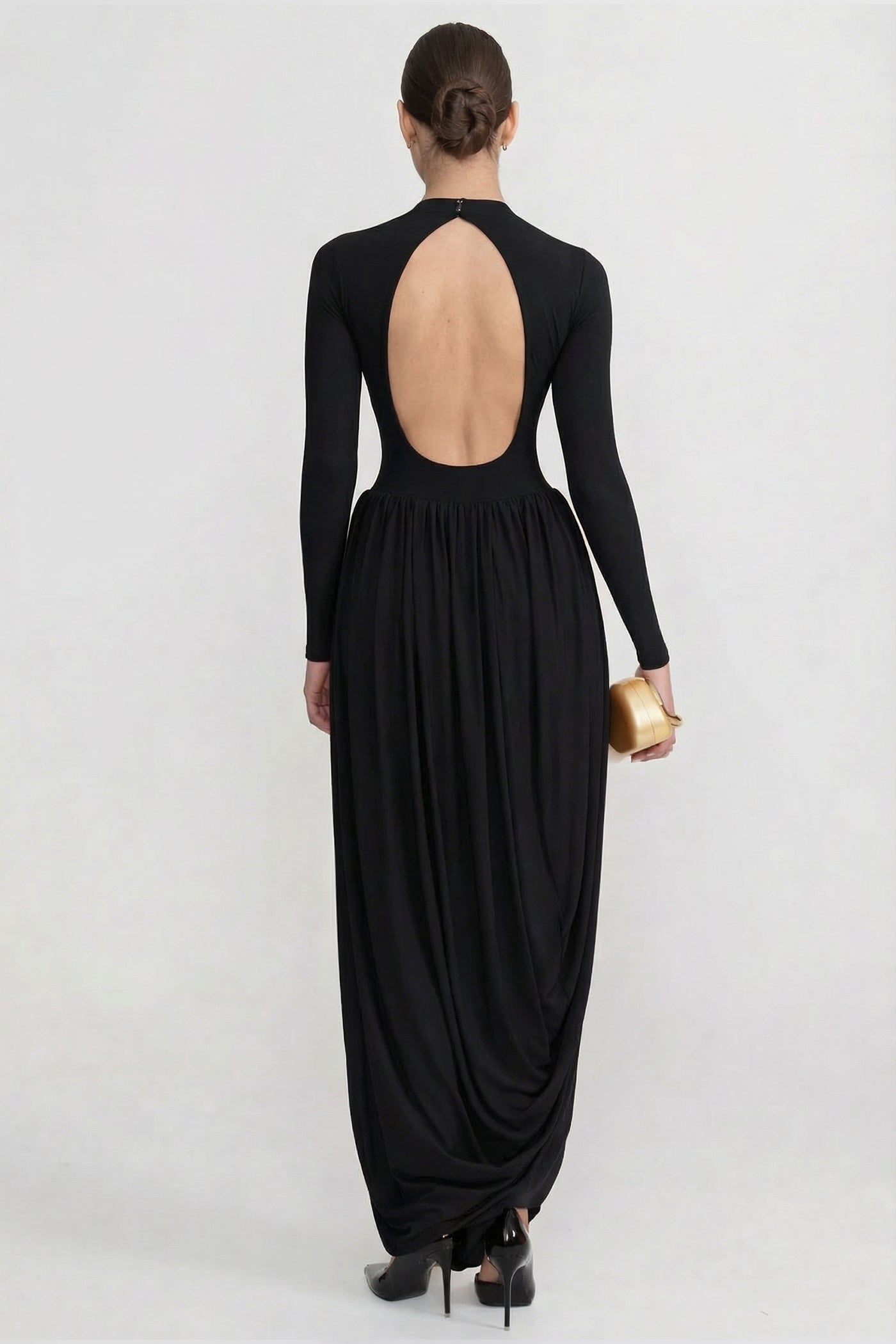 Long Sleeve Maxi Dress With Draped Skirt - Black