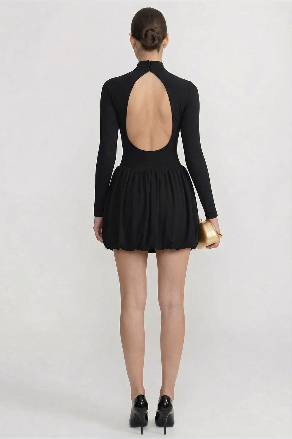Robe Mini à Manches Longues avec Jupe Bouffante Drapée - Noir