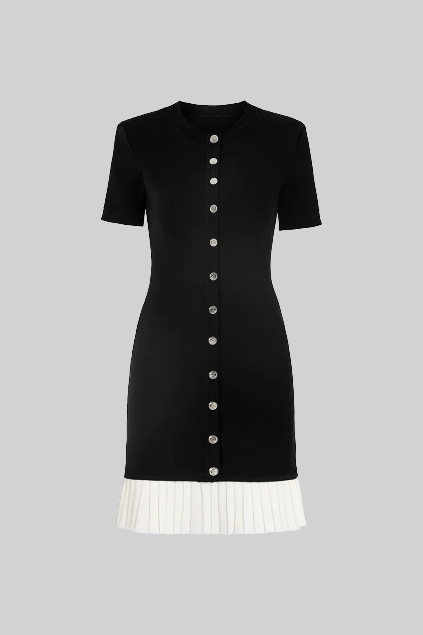 Robe Mini à Manches Courtes avec Ourlet Plissé Contrasté - Noir