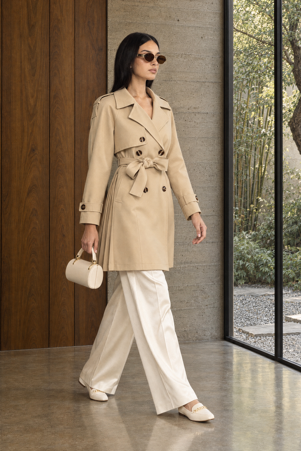 Trench-coat plissé au dos avec ceinture - kaki