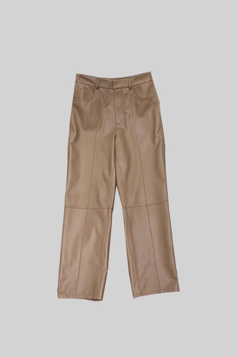 Pantalon droit en cuir avec surpiqûres décoratives - Beige
