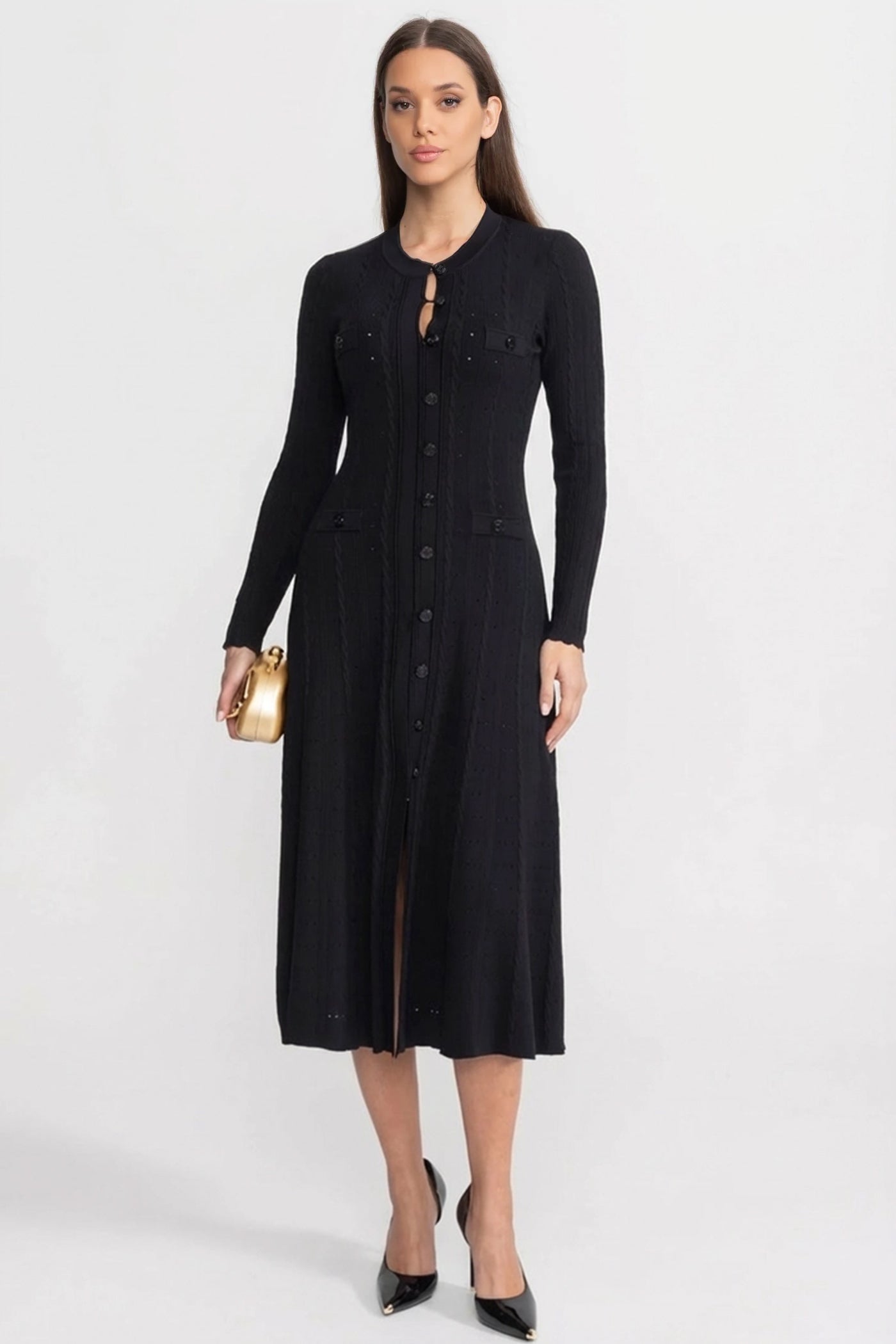 Knit Button-Front Midi Dress with Pointelle Detailing – Black
