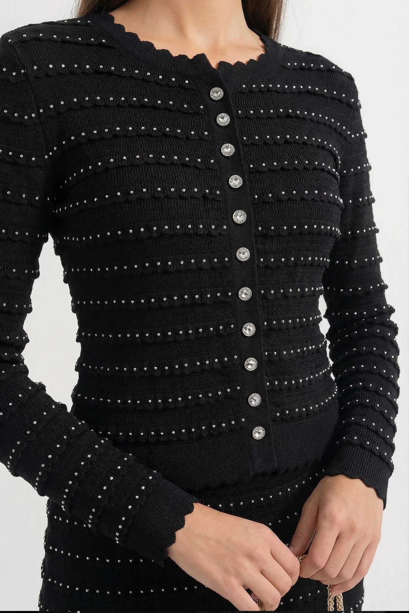 Ensemble tricoté coordonné avec texture à rayures pointelle et embellissements scintillants - Noir