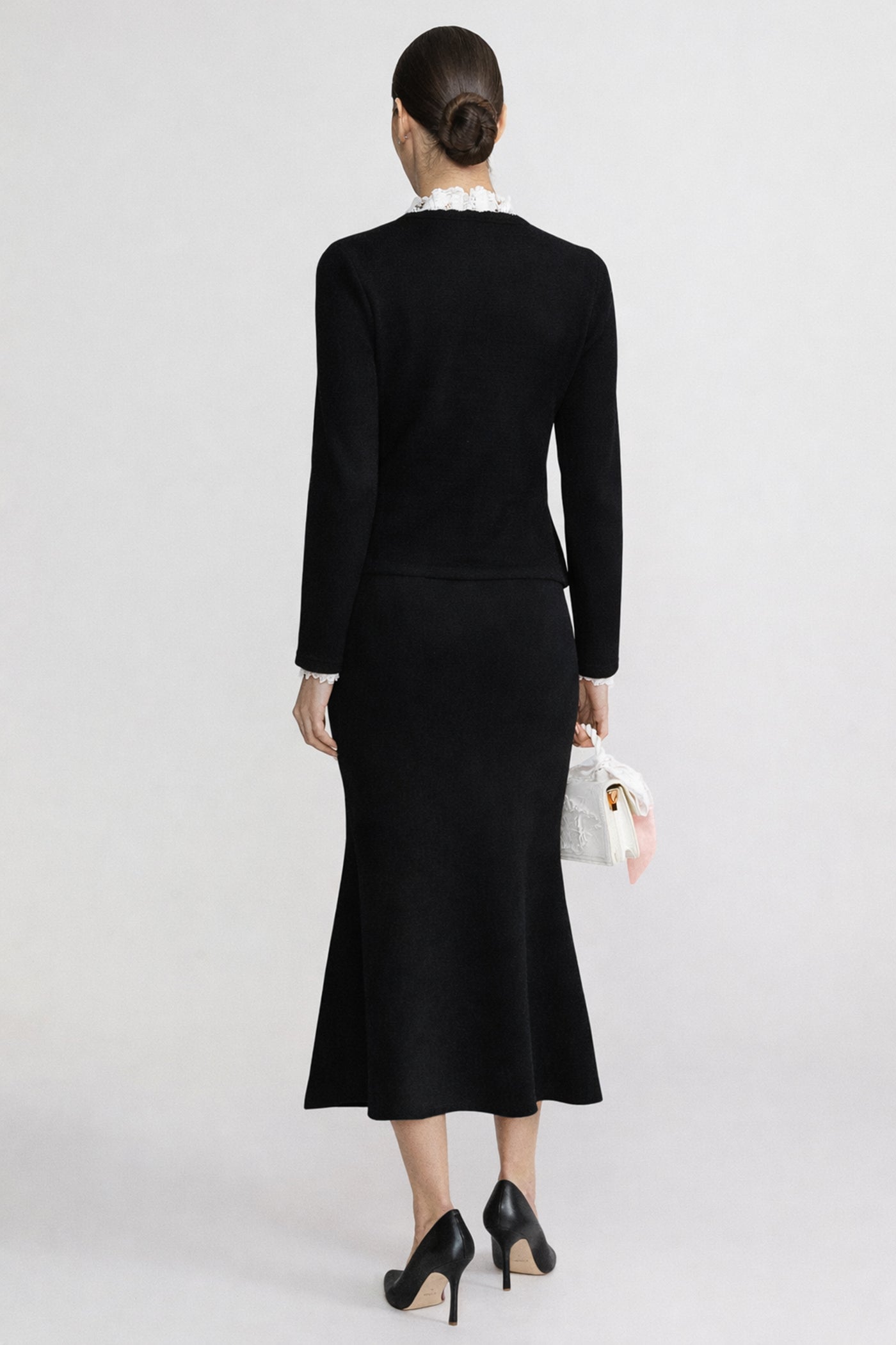 Long Sleeve Co-Ord With Fitted Knit Bodice And Crystal Button Detail - Black