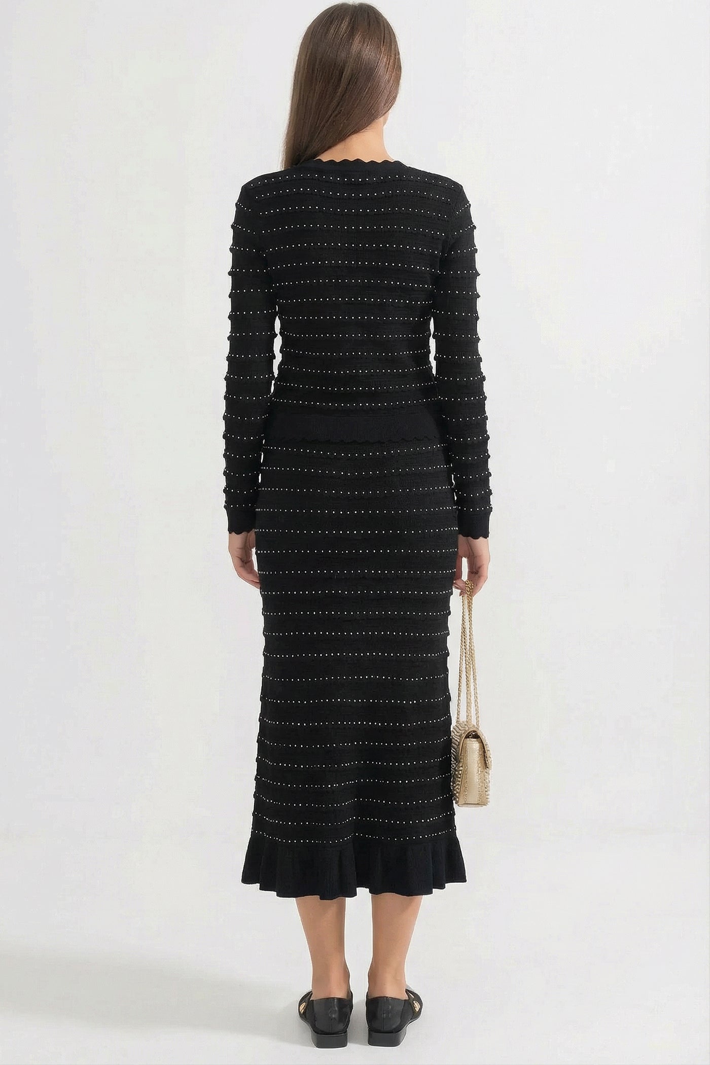 Ensemble tricoté coordonné avec texture à rayures pointelle et embellissements scintillants - Noir