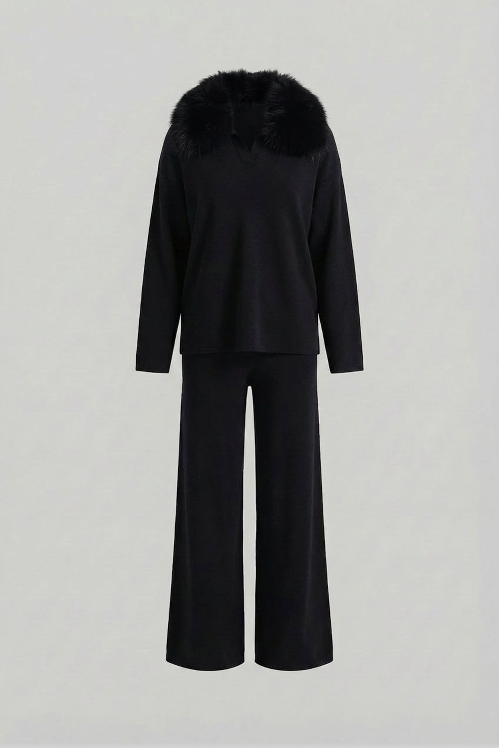 Ensemble coordonné Knit Lounge avec col en fourrure de renard – Noir