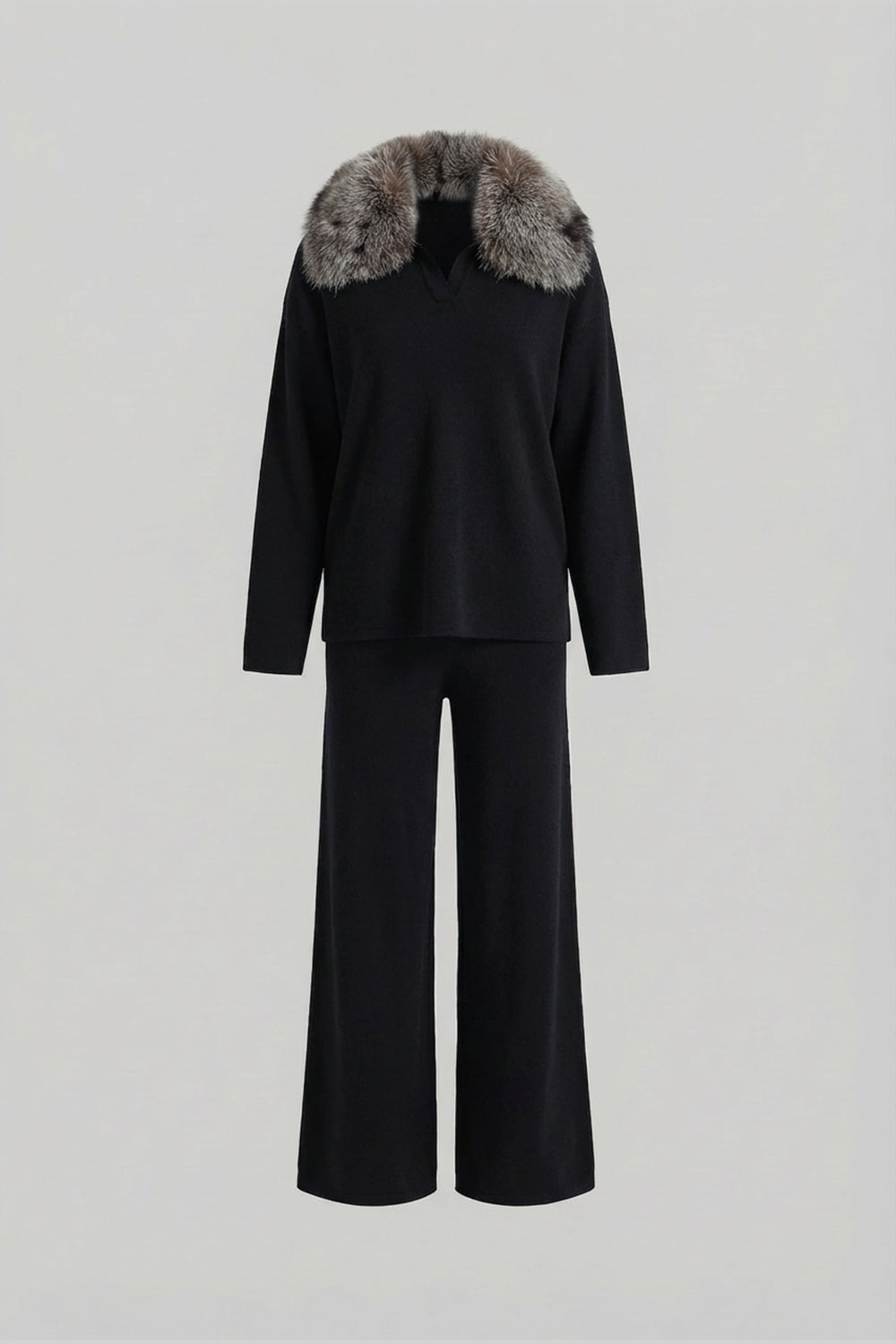 Ensemble coordonné Knit Lounge avec col en fourrure de renard – Noir/Gris