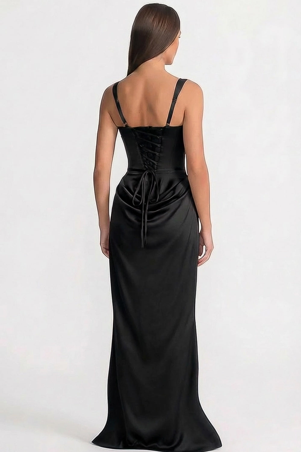Corset Maxi Dress with Draped Hip Detail – Black